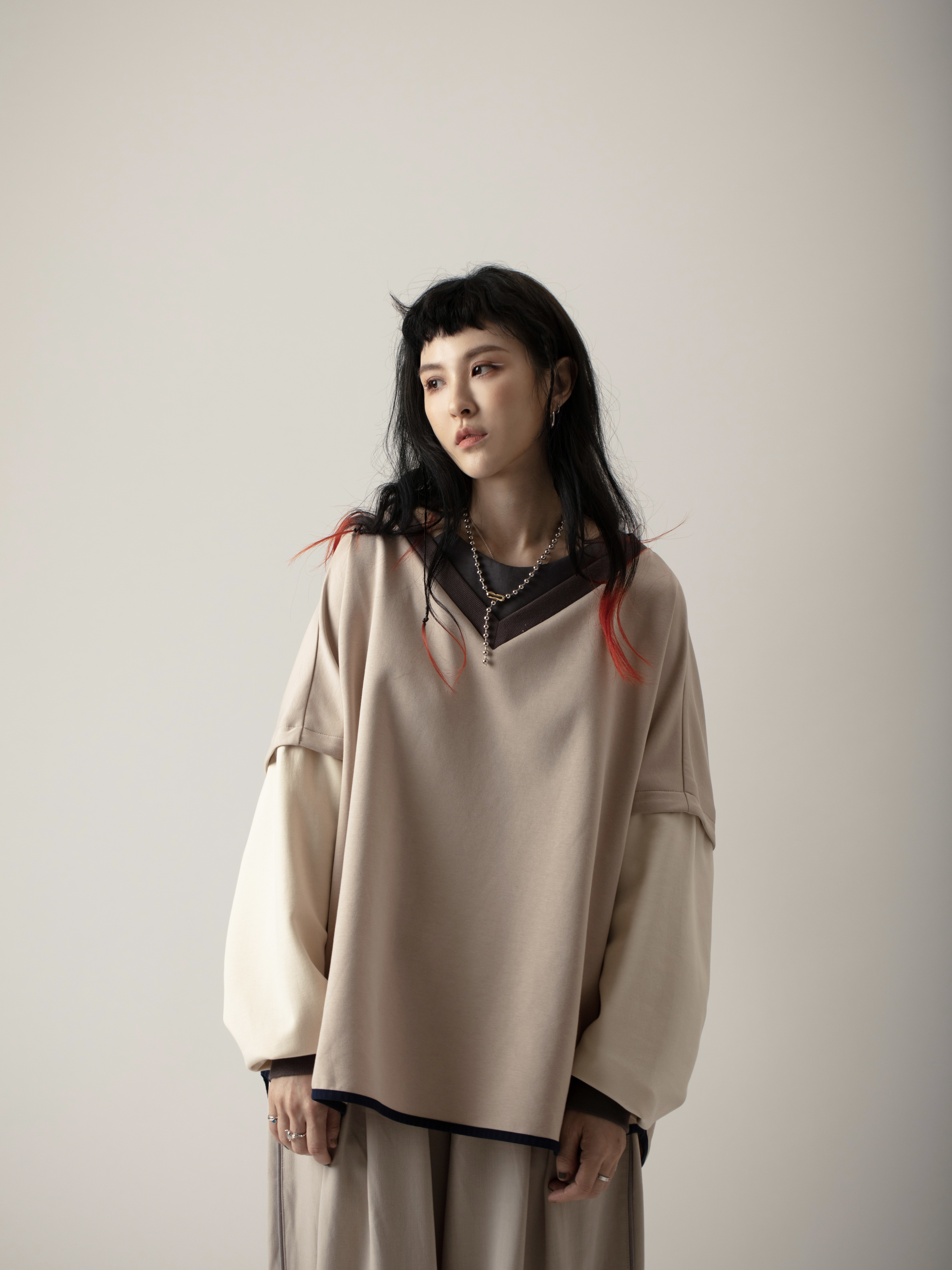 Double-Layer Neck Long Sleeve Tee | Beige