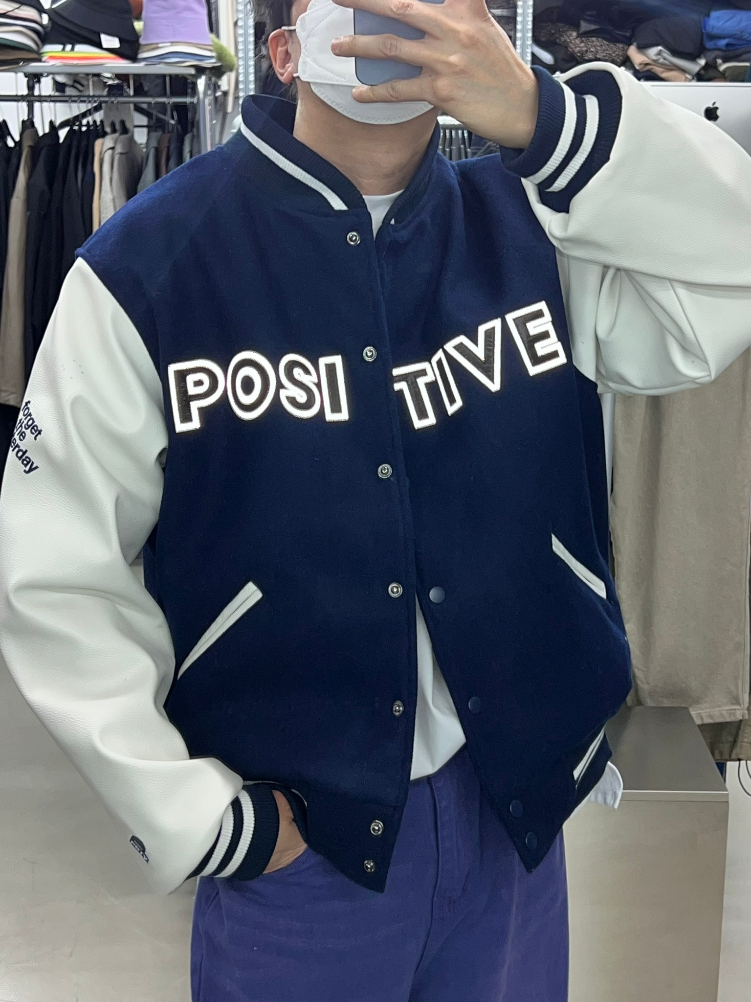 綉字拼皮袖夾棉棒球褸(瑕疵品) JK2180