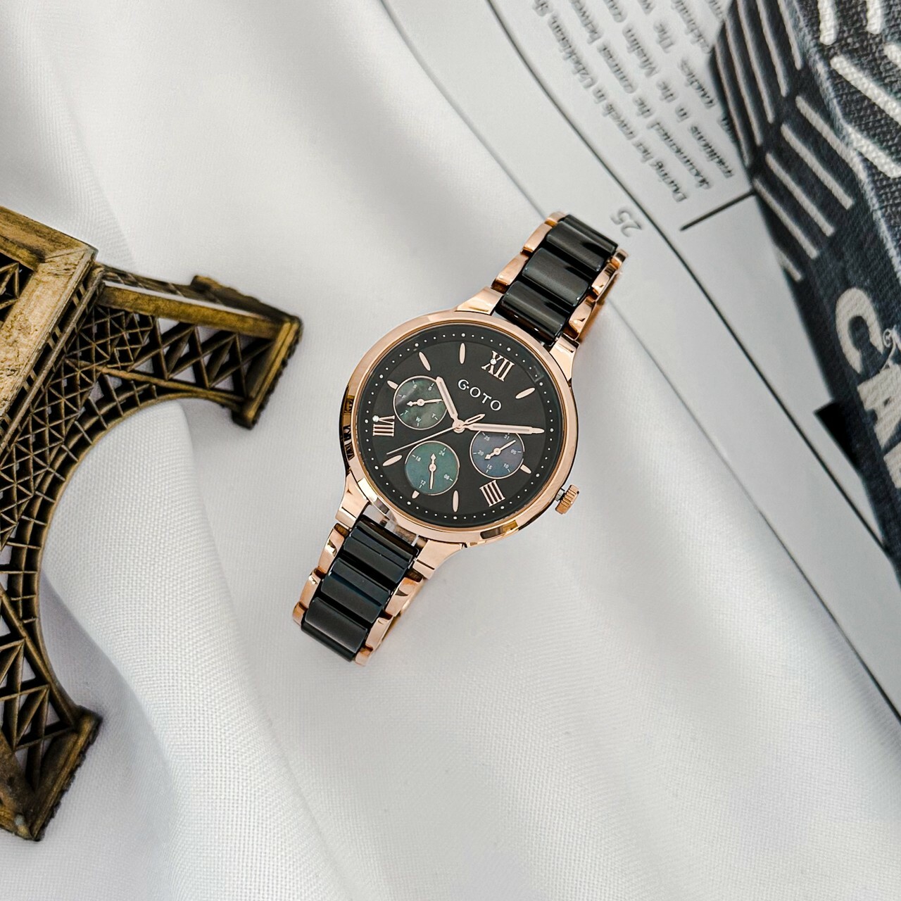 【GOTO】羅馬刻度晶鑽三眼腕錶 GS6373L-43-341 35mm 現代鐘錶