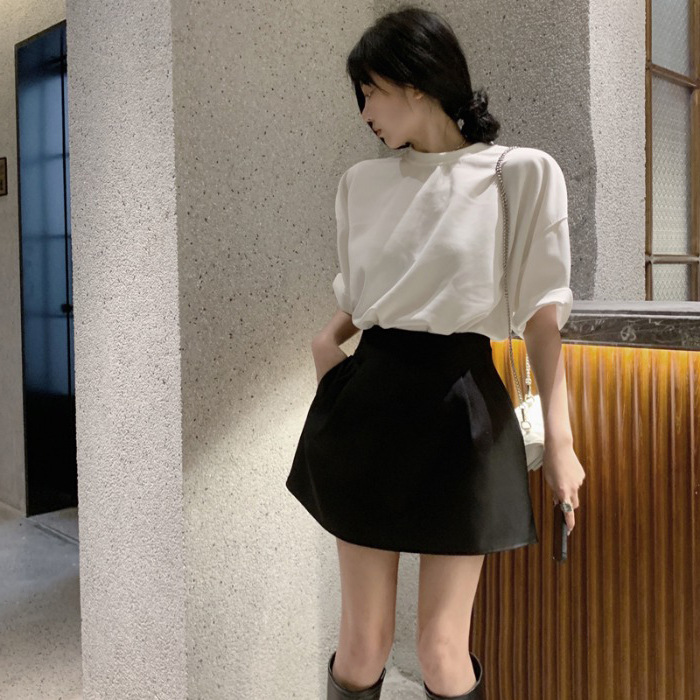 寬鬆棉T+小圓裙(套裝)(黑/白)