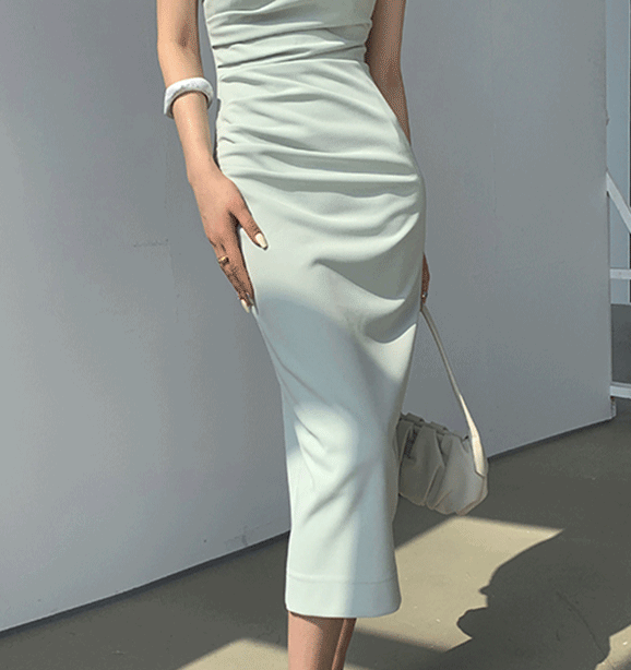 一字抓皺 修身長洋裝(黃/白/酒紅/藍)