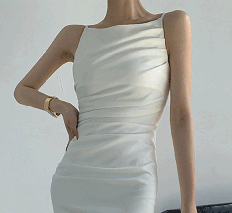 一字抓皺 修身長洋裝(黃/白/酒紅/藍)