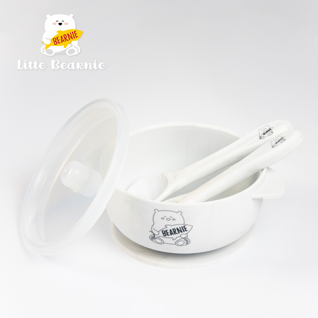 大熊好食吸盤碗(附贈湯叉)【大理石】-新加坡Little Bearnie 小貝尼兒童矽膠餐具