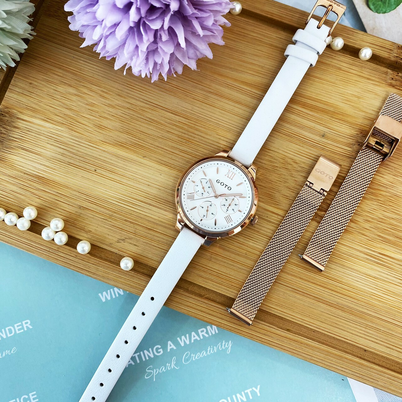 【GOTO】夢幻花園米蘭帶套裝組GM6373L-44-241-2 (白) /GM6373L-44-341-3 (黑) /GM6373L-44-841-8(粉)34mm現代鐘錶