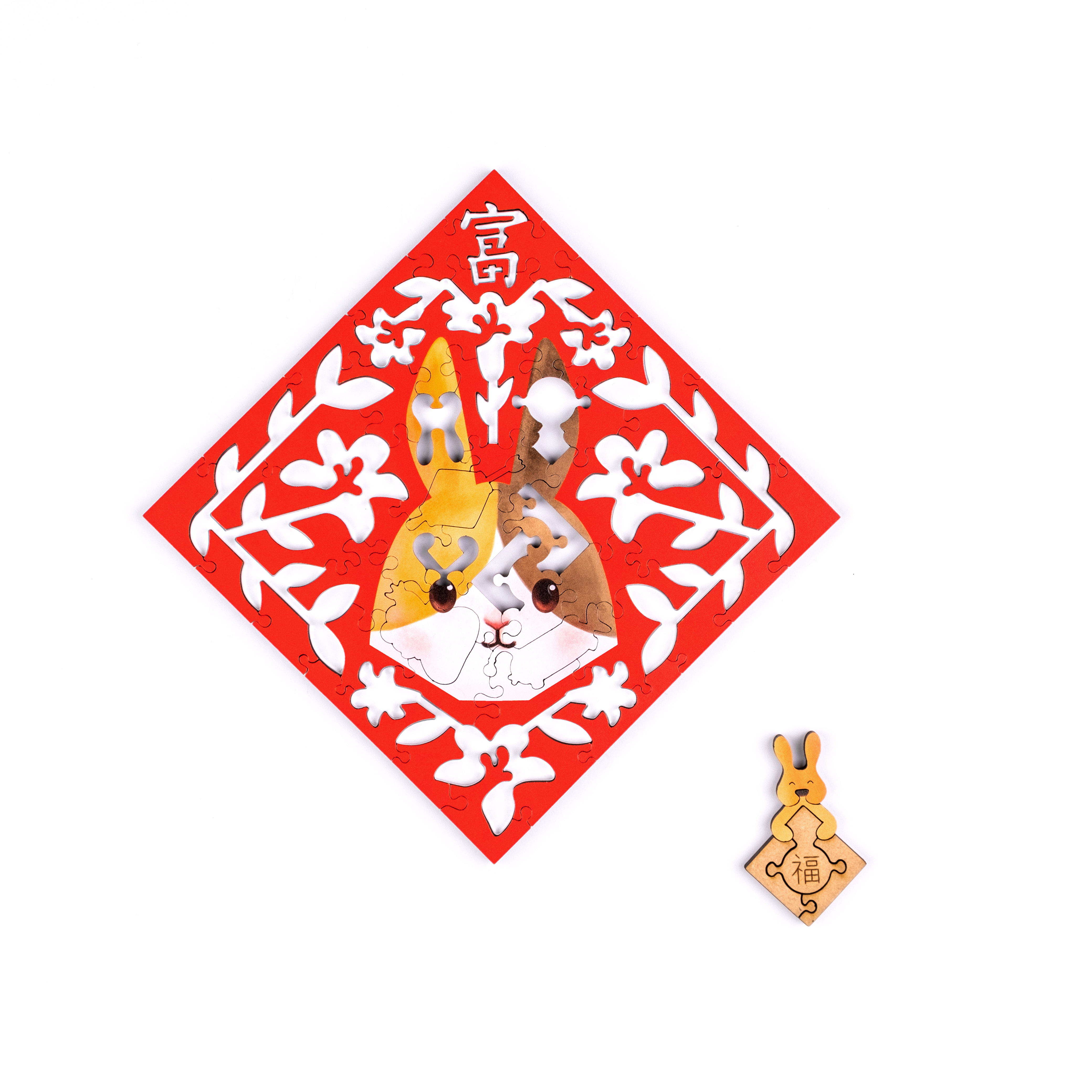 雕花春聯-三花兔 Paper Cutting Spring Couplets-Calico Rabbit