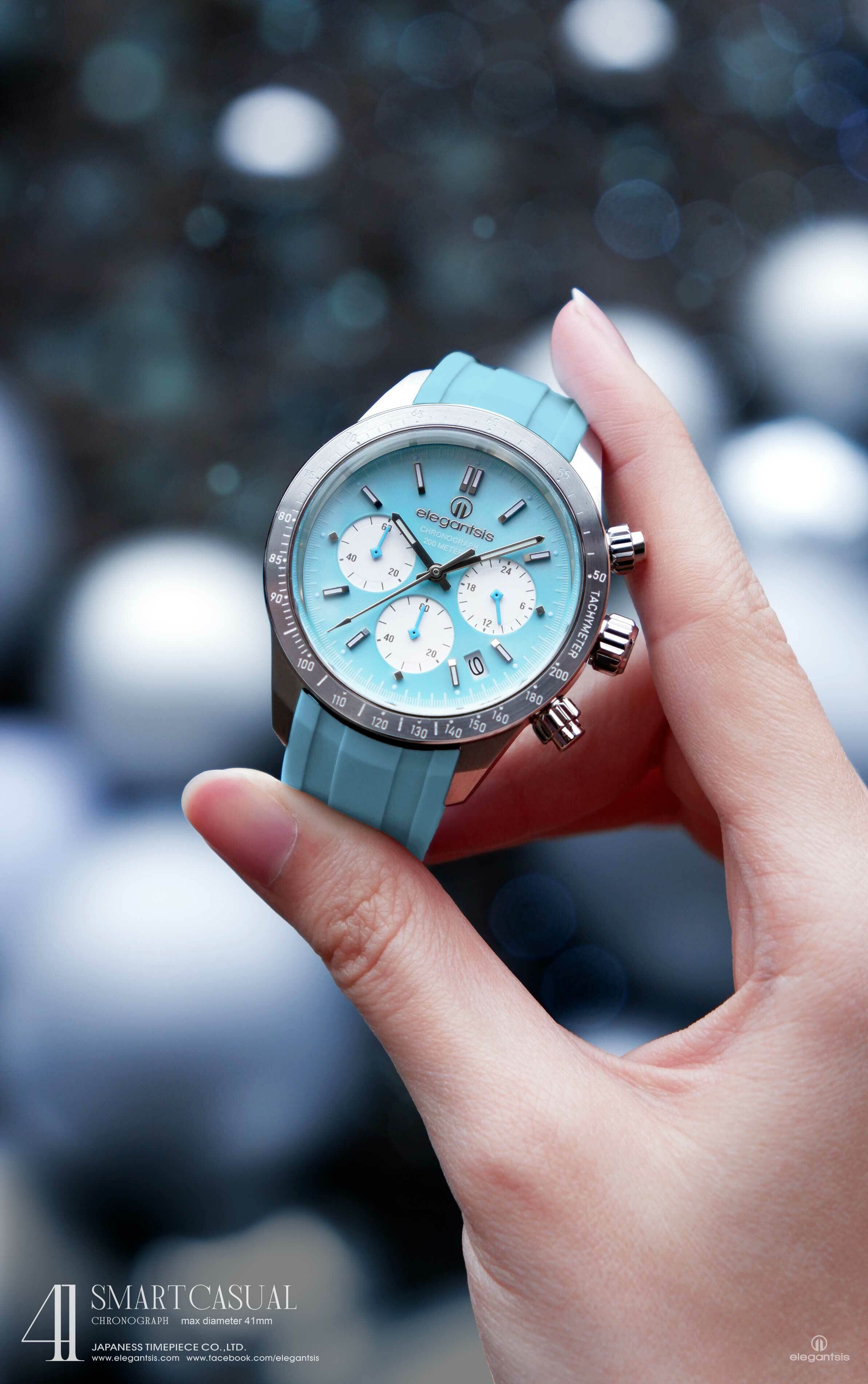 萬年鐘錶 - elegantsis 愛樂時  JT41QS   馬卡龍藍三眼計時男錶 / 女錶   ELJT41QS-VU03LC 錶徑41MM