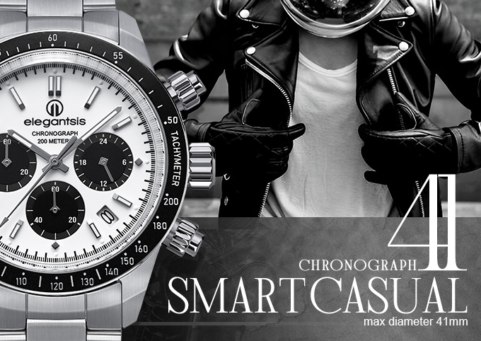 萬年鐘錶 - elegantsis 愛樂時  JT41QS   經典黑與白三眼計時男錶  ELJT41QS-VW02MA  錶徑41MM