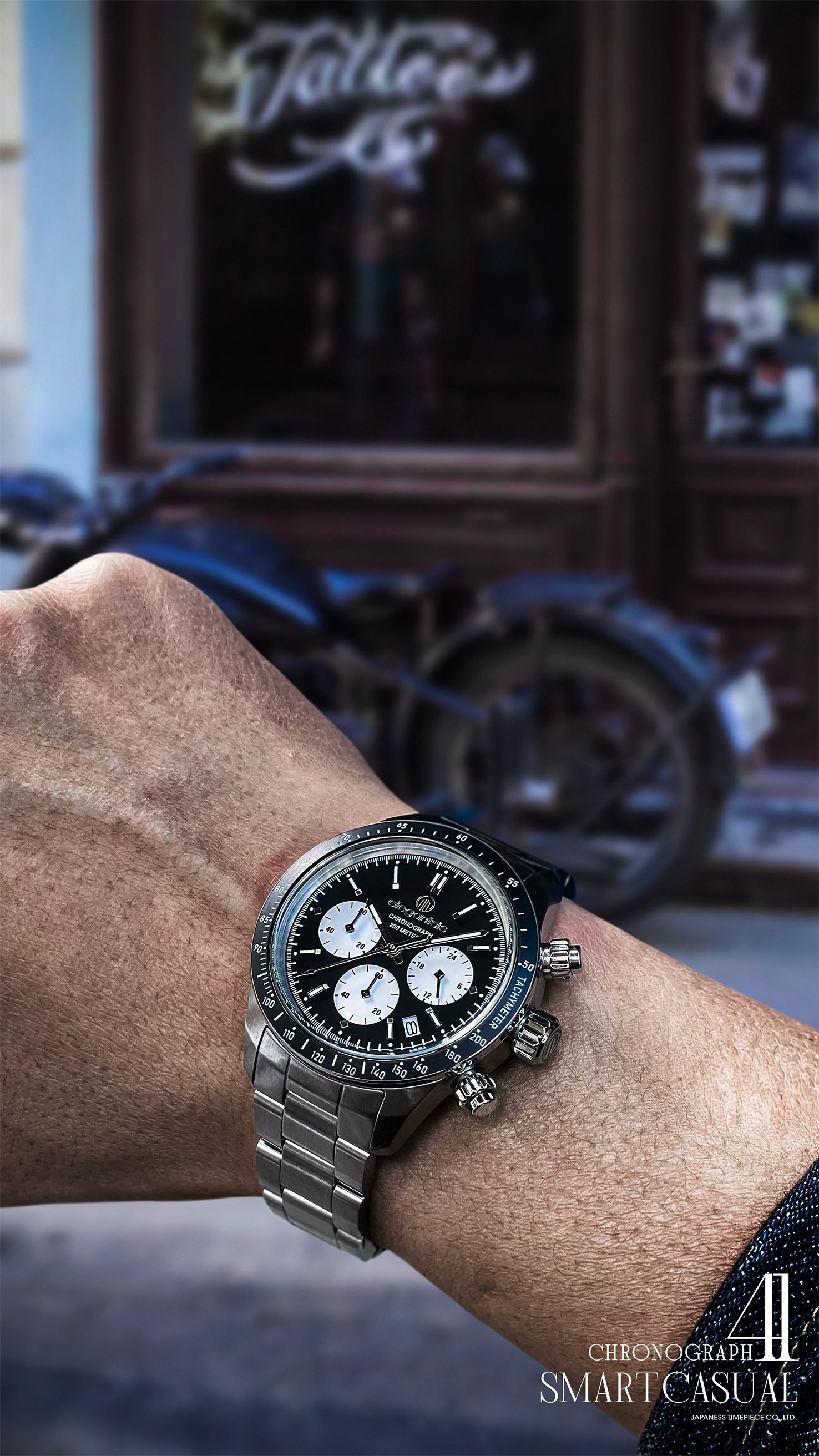 萬年鐘錶 - elegantsis 愛樂時  JT41QS   經典黑與白三眼計時男錶  ELJT41QS-VB01MA  錶徑41MM