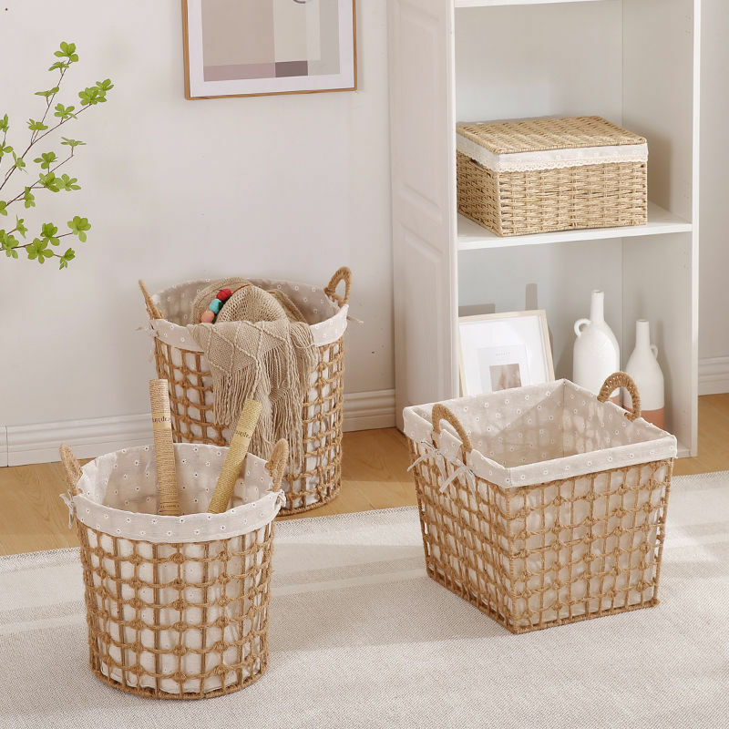 《1564》鄉村風麻繩藤編小雛菊內襯把手玩具收納洗衣收納籃