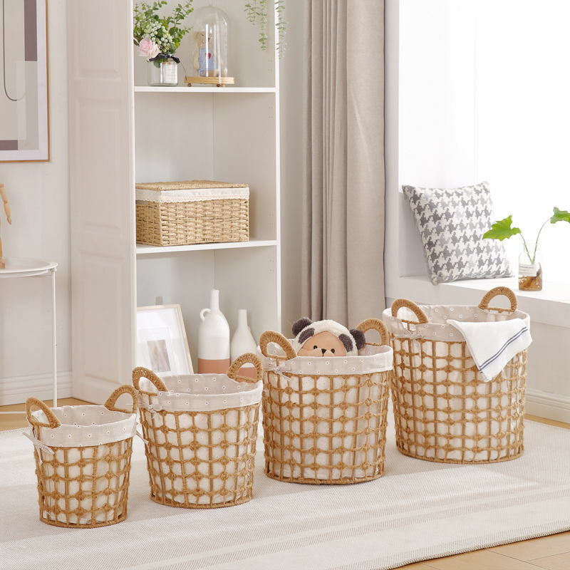 《1564》鄉村風麻繩藤編小雛菊內襯把手玩具收納洗衣收納籃