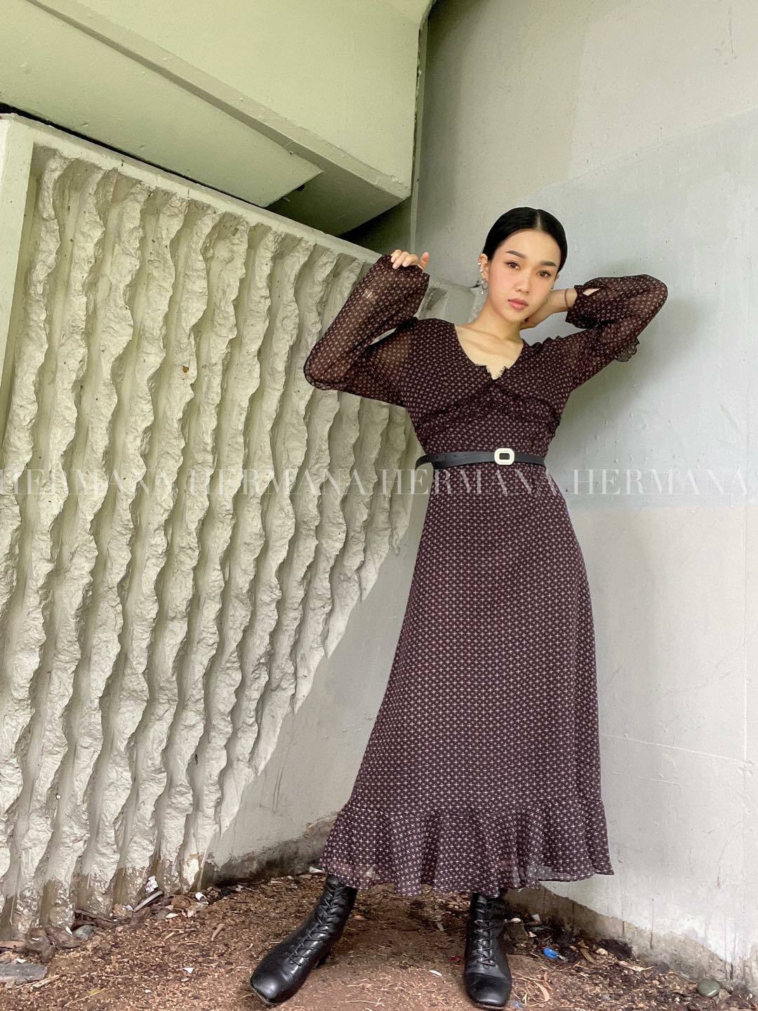 大V領復古雪紡連身長裙