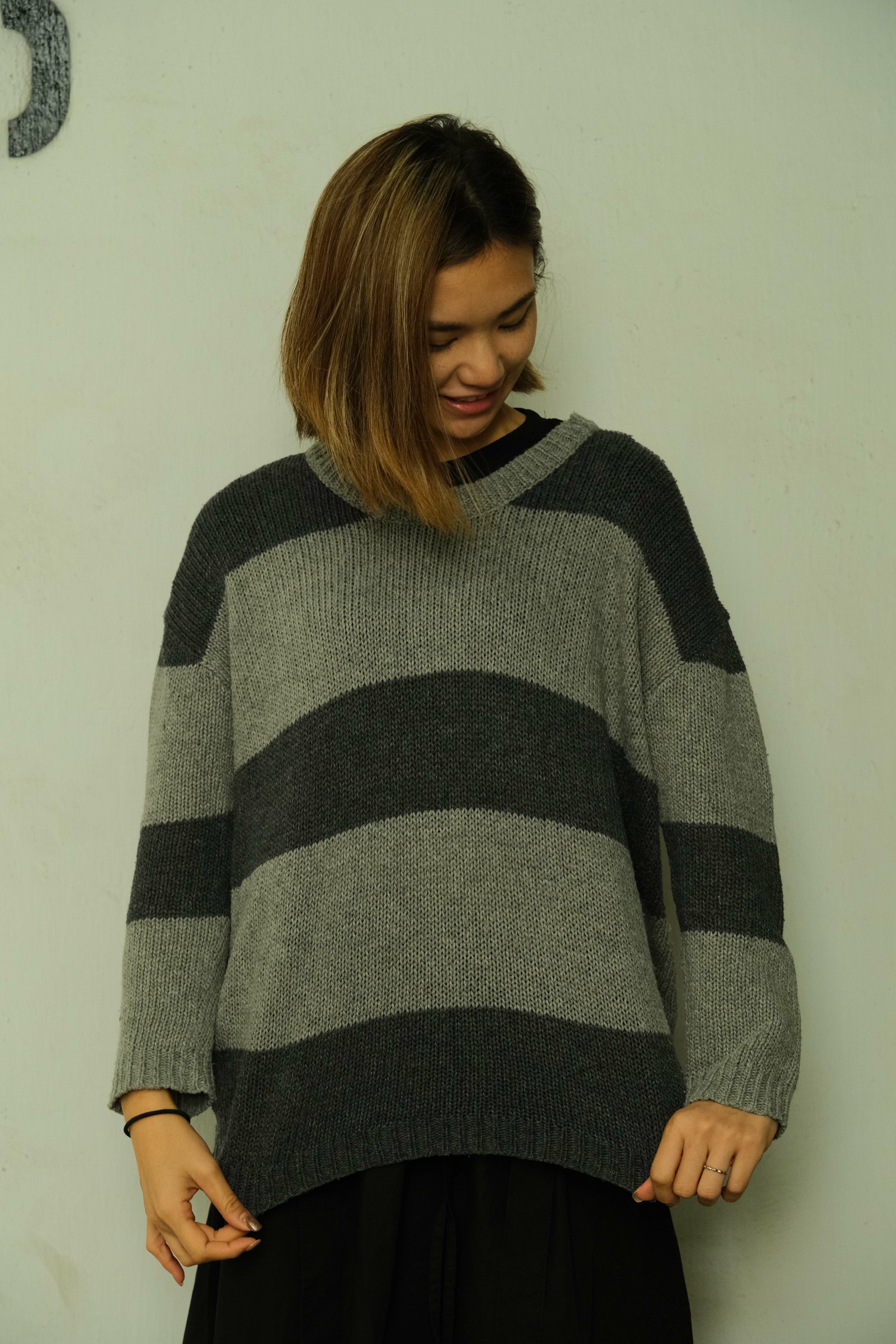 Gray Long Sleeve Red Striped Sweater