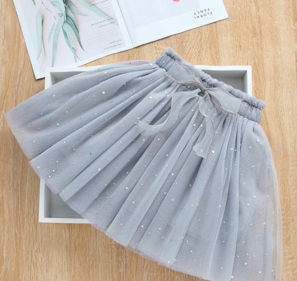 H65GY_FW22灰色閃閃星星半截紗裙(pre-order)