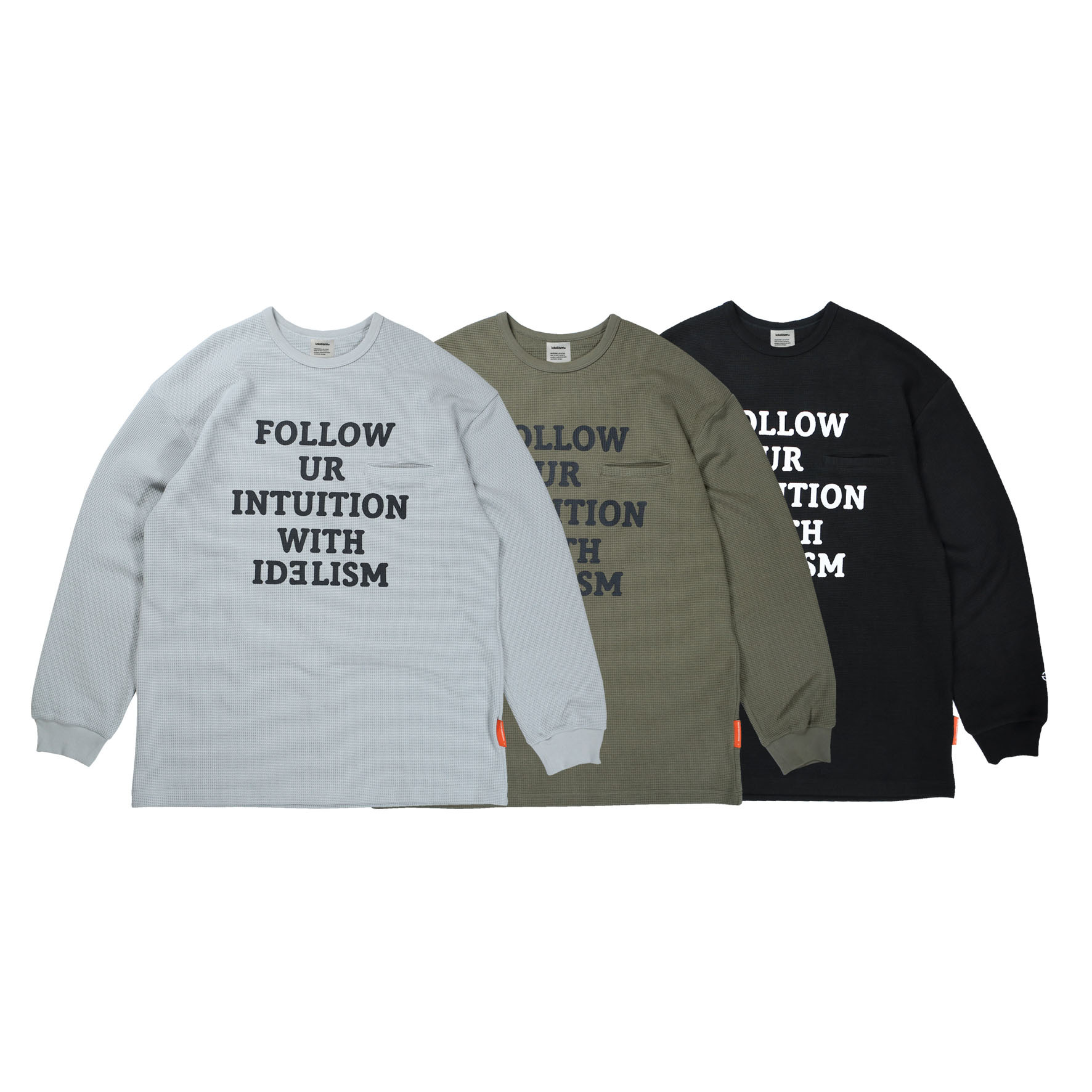 idealism Waffle L-TEE 淡藍 綠色 黑色 華夫格 文字標語 口袋 重磅 長T【ID22048】