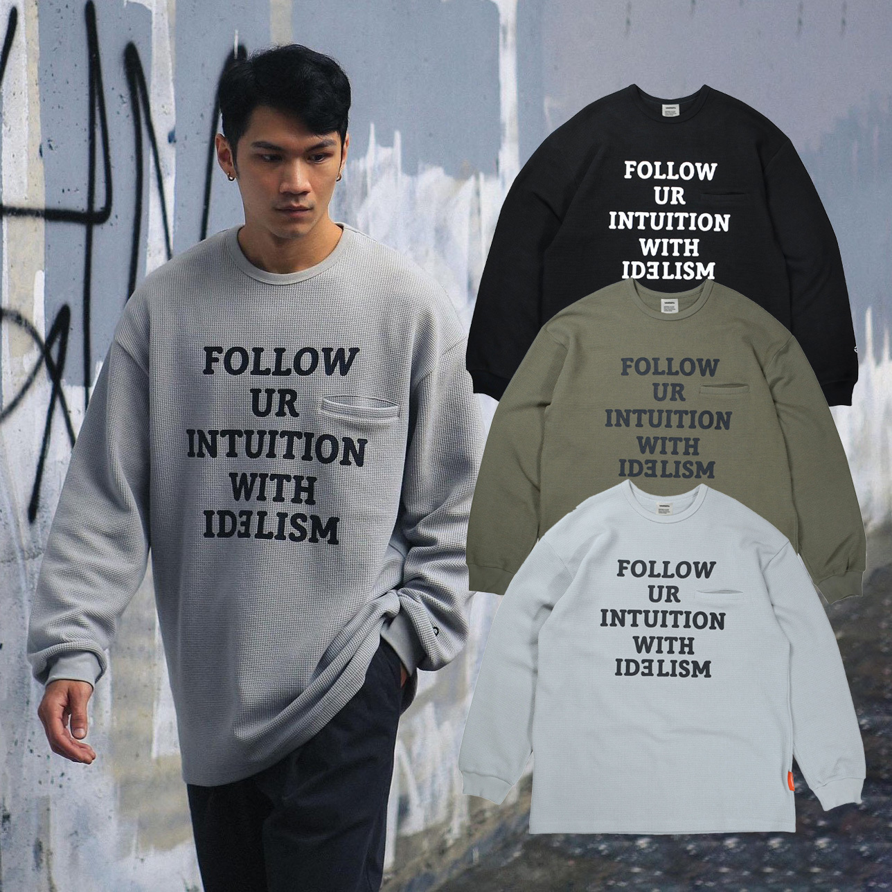 idealism Waffle L-TEE 淡藍 綠色 黑色 華夫格 文字標語 口袋 重磅 長T【ID22048】