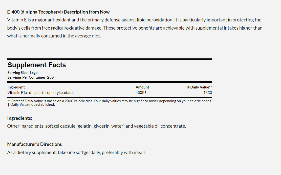[預購] Now 維他命E 400IU 250粒 E-400 (d-alpha Tocopheryl)
