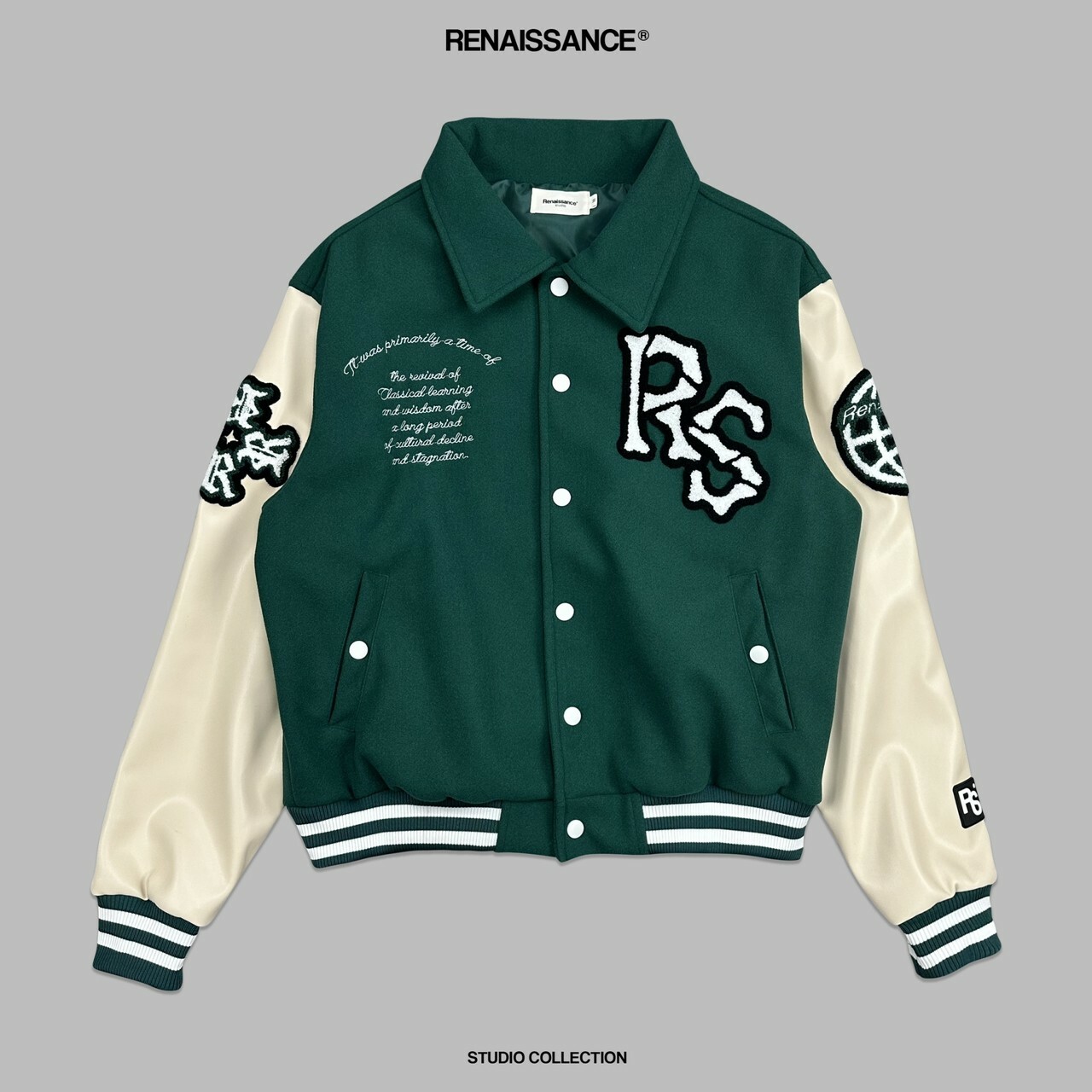 RENAISSANCE 2.0 火焰祈禱骷髏 翻領棒球外套 啞光米白皮袖棒外 高級綠 毛巾布 臂章