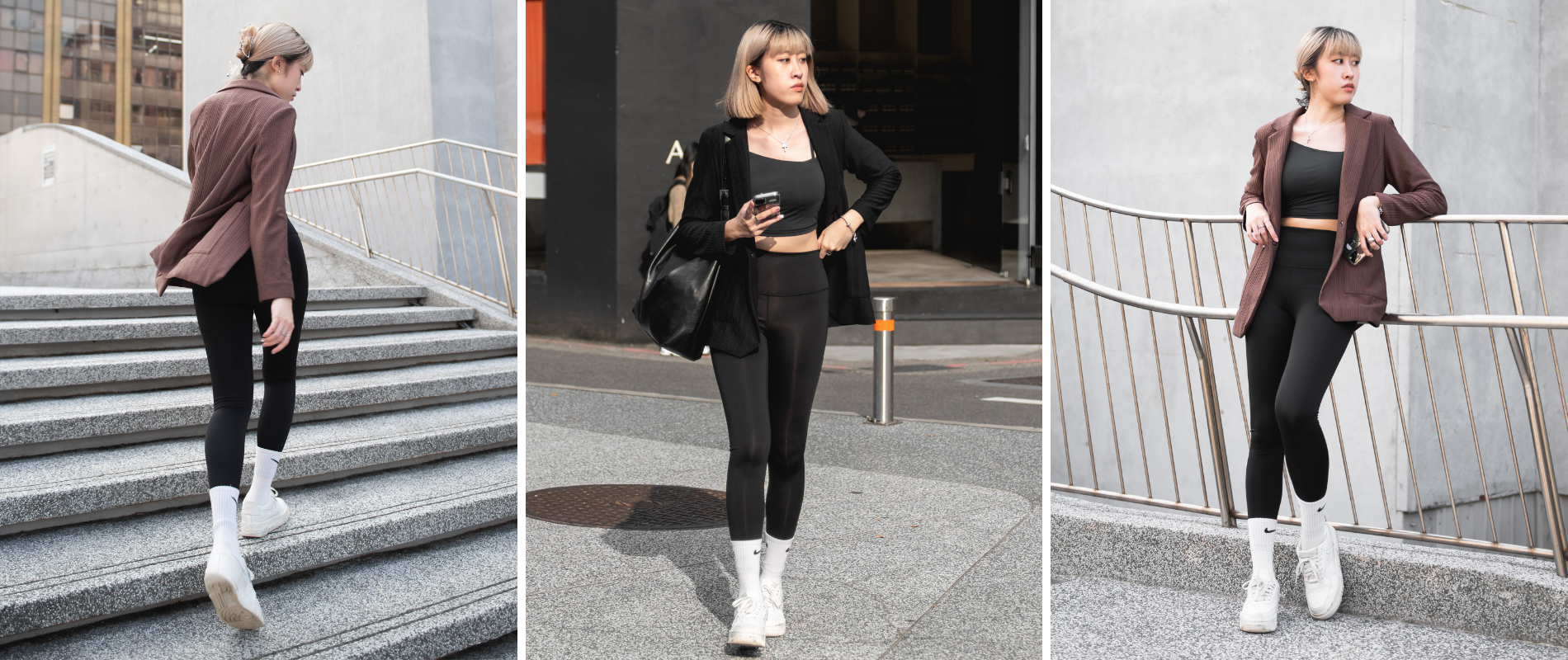 西裝外套外搭，內穿運動服