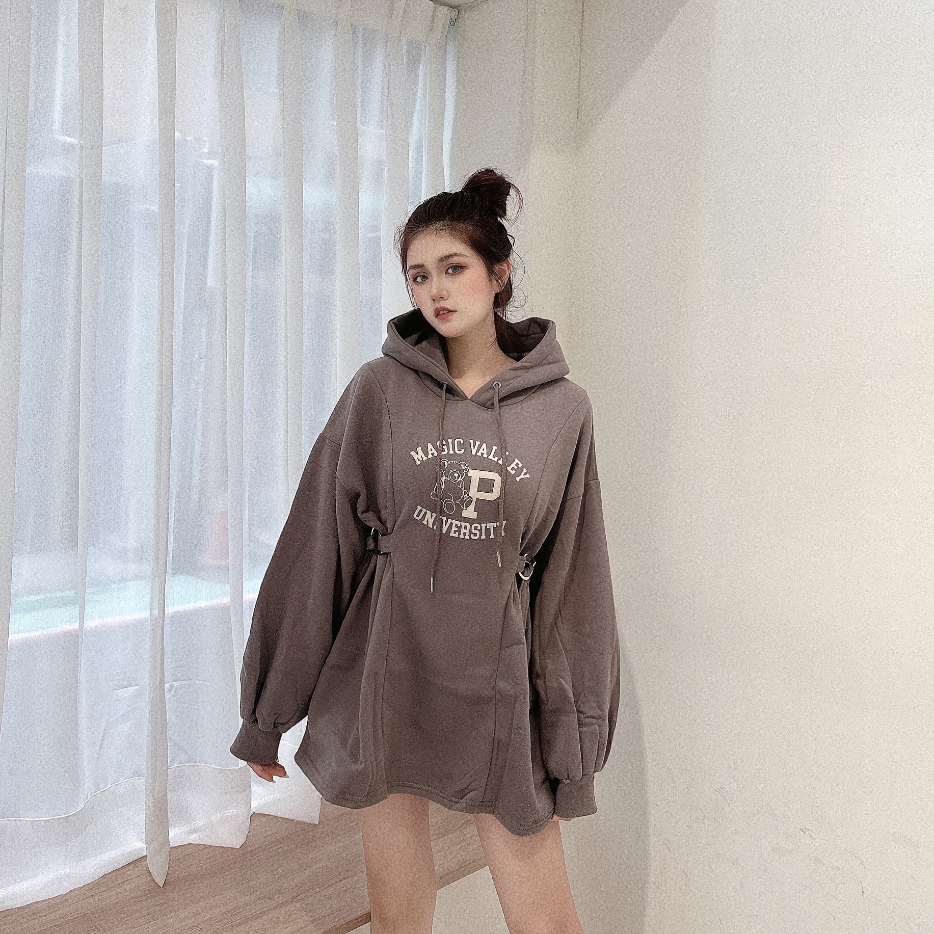 熊熊內刷毛縮腰帽T/二色