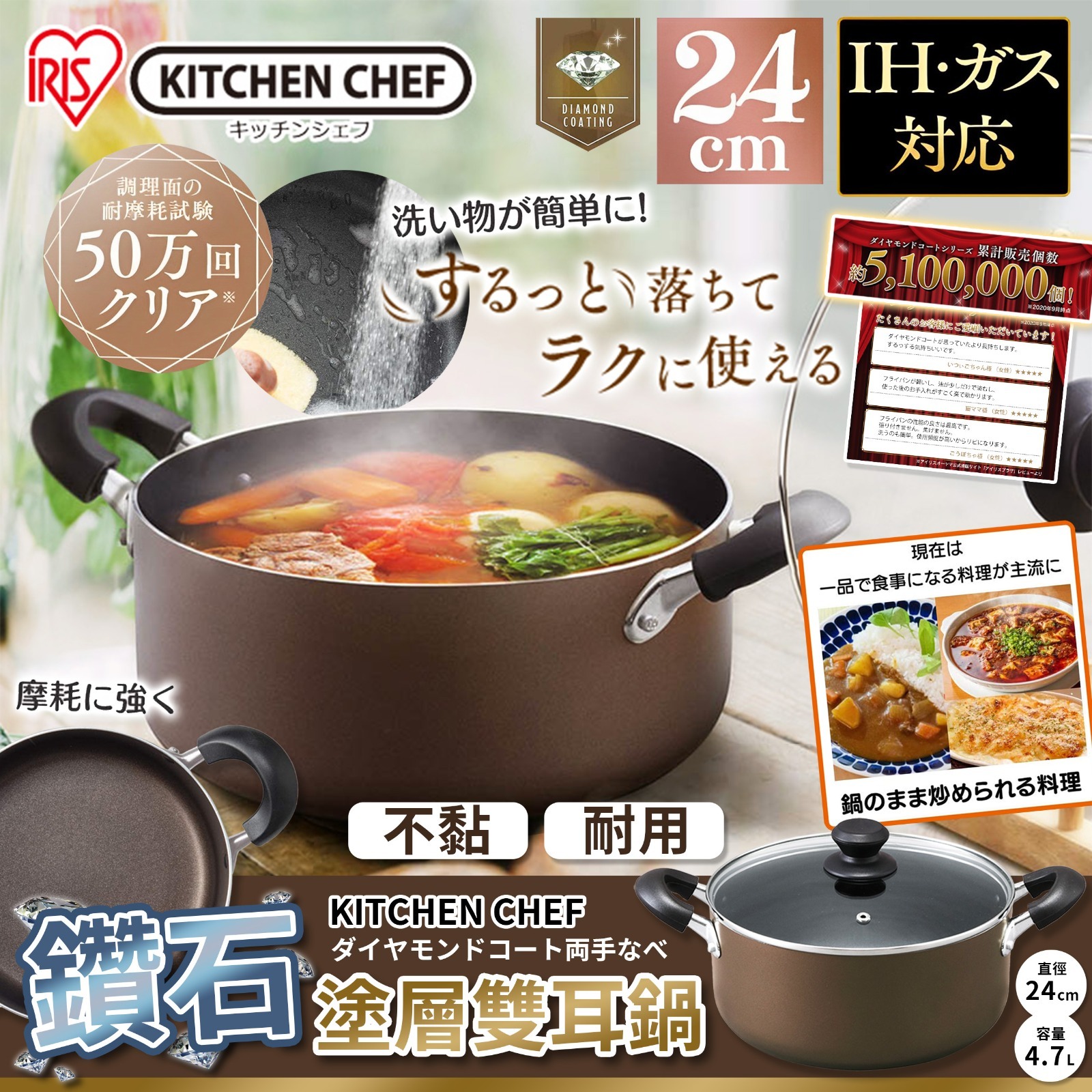 日本IRIS鑽石塗層雙耳鍋24CM