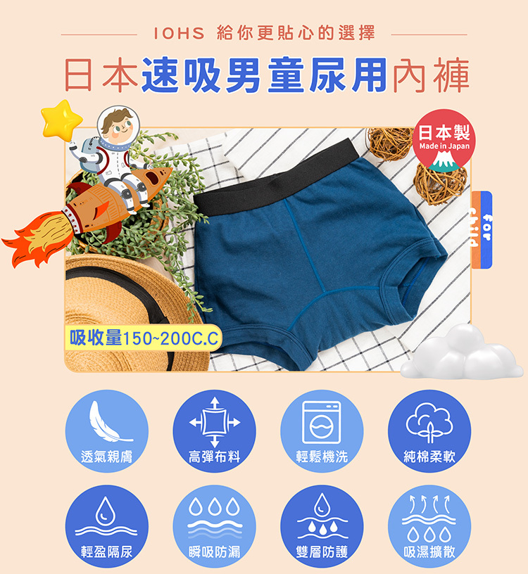 男童尿用內褲,雙層防護設計,瞬吸尿液不外漏、透氣親膚、可機洗