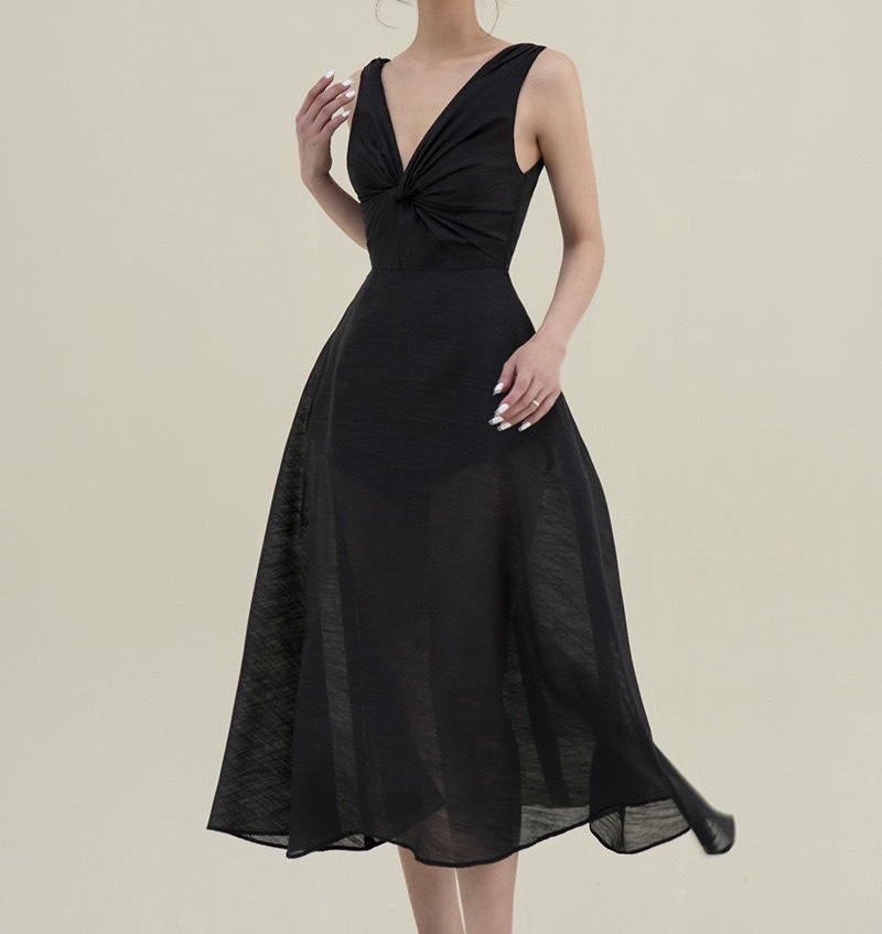 扭轉V領 收腰軟紗洋裝(米白/黑)