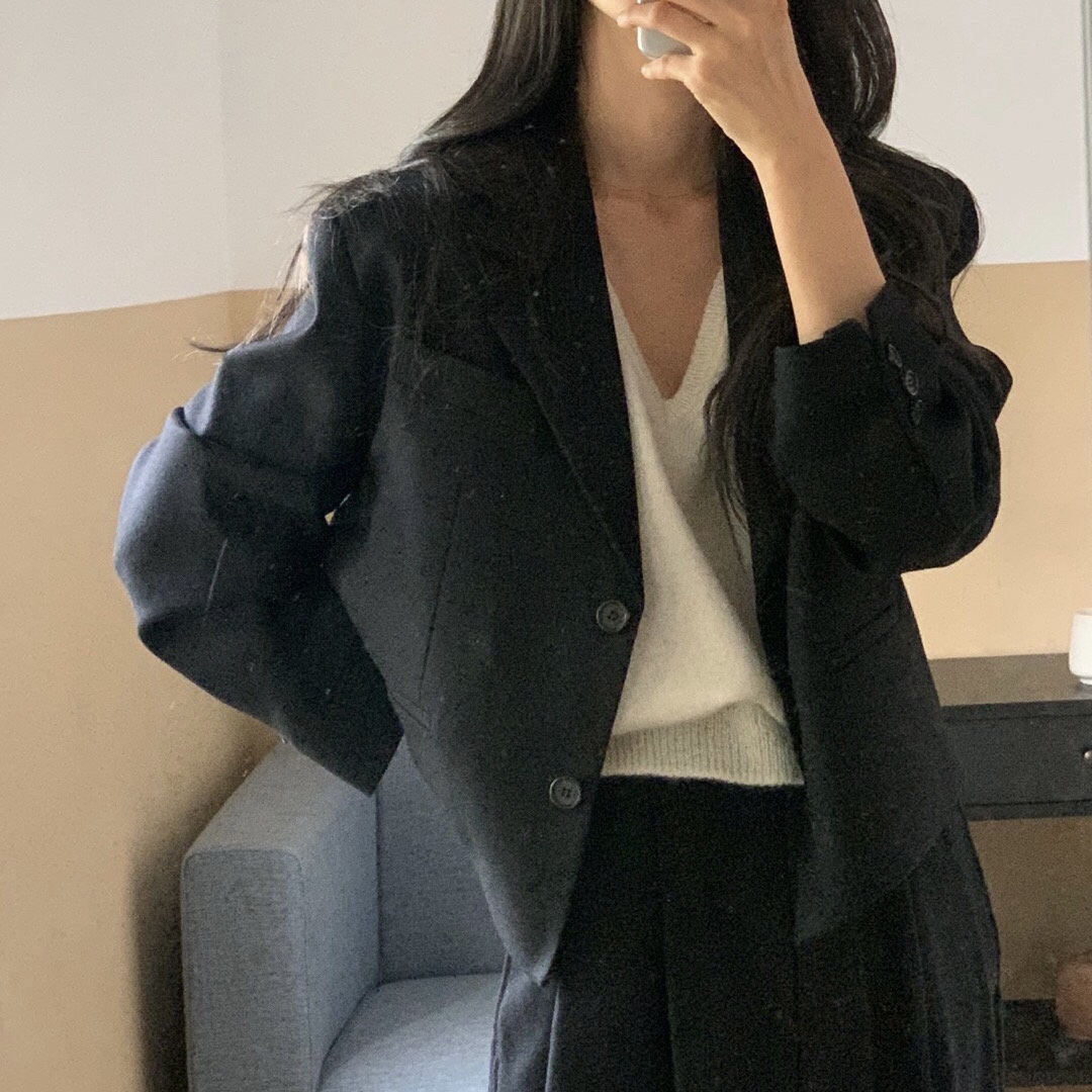 Rayon羊毛短版俐落西外(很深很深的咖)