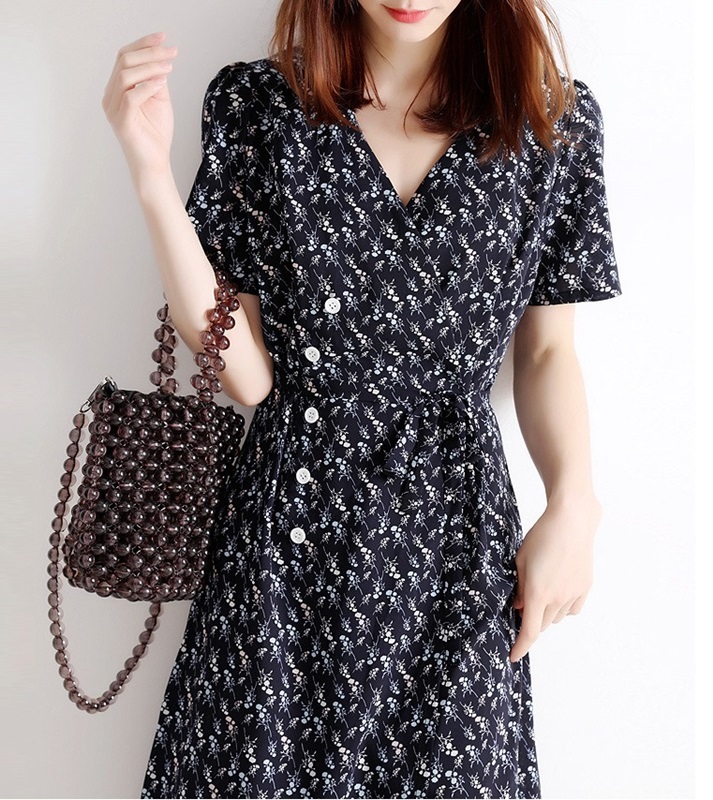 側排釦碎花雪紡洋裝  藏青