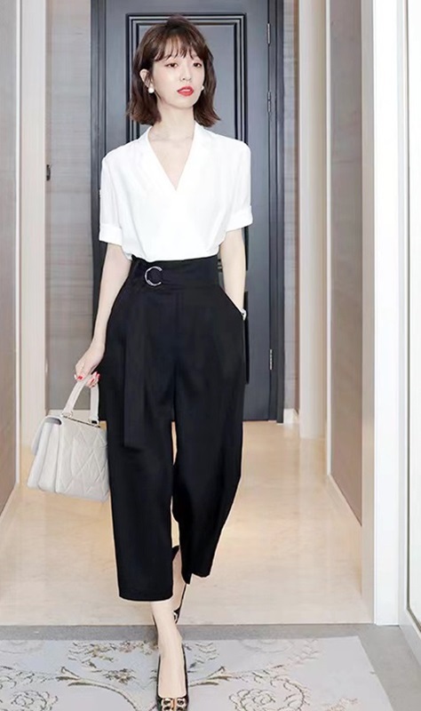 釦環七分寬褲 黑色