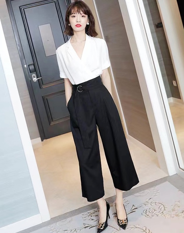 釦環七分寬褲 黑色