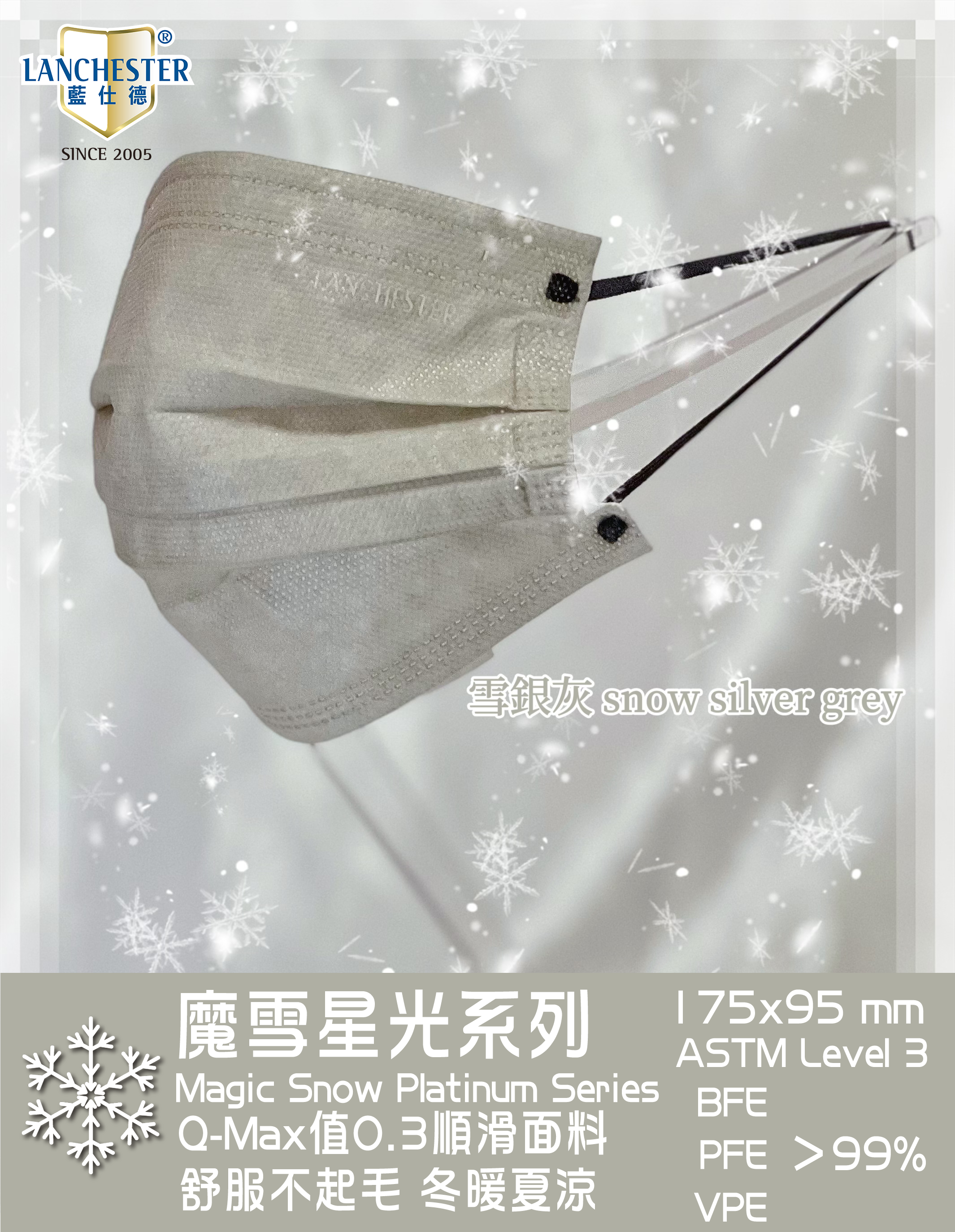 【魔雪星光系列】Lanchester 成人超透氣三層口罩(雪銀灰)#超透氣舒服#四季必備#20片裝#獨立包裝