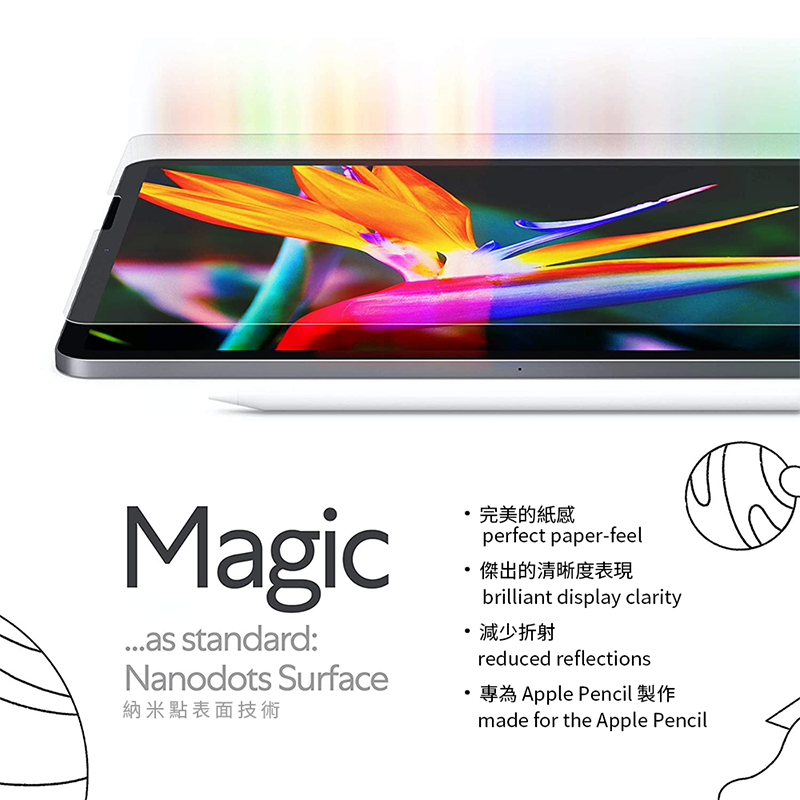 Magicas standard:Nanodots Surface納米點表面技術完美的紙感perfect paper-feel傑出的清晰度表現brilliant display clarity減少折射reduced reflections專為Apple Pencil 製作made for the Apple Pencil