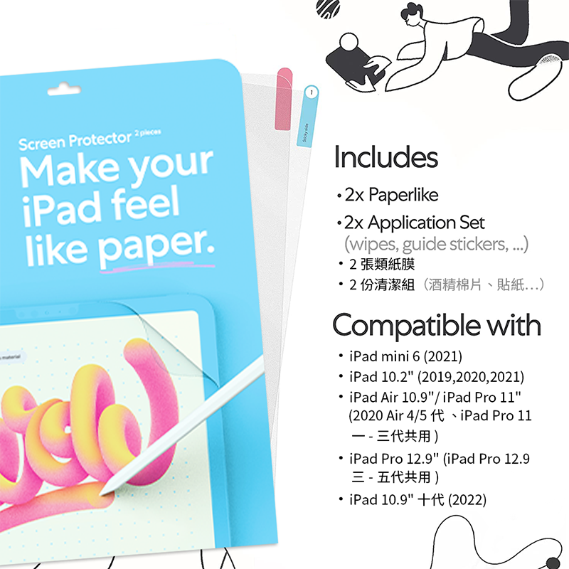 Screen Protector Make youriPad feellike paper.Includes  Paperlike  Application Set(wipes guide stickers 張類紙膜2份清潔組(酒精棉片、貼紙Compatible withiPad mini 6 ()iPad 0.2 (, 2021)iPad Air 10.9/iPad Pro 11(2020 Air 4/5 1iPad Pro 11-三代共用) iPad Pro 12.9 (iPad Pro 12.9三 - 五代共用)iPad 10.9  (2022)