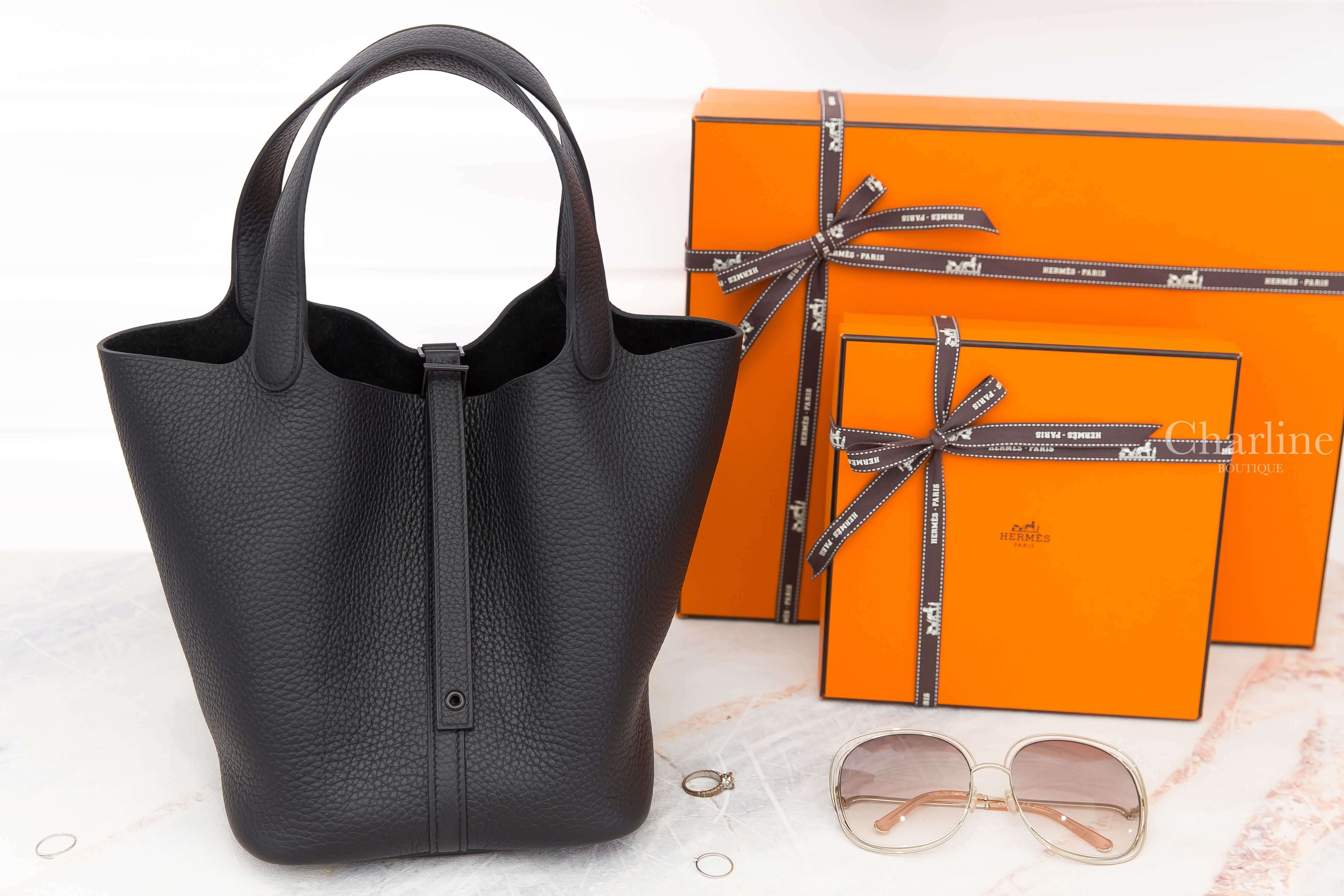 Hermès Picotin Lock 22cm 89 Noir Monochrome Taurillon Clemence 黑色黑釦中型提把水桶包
