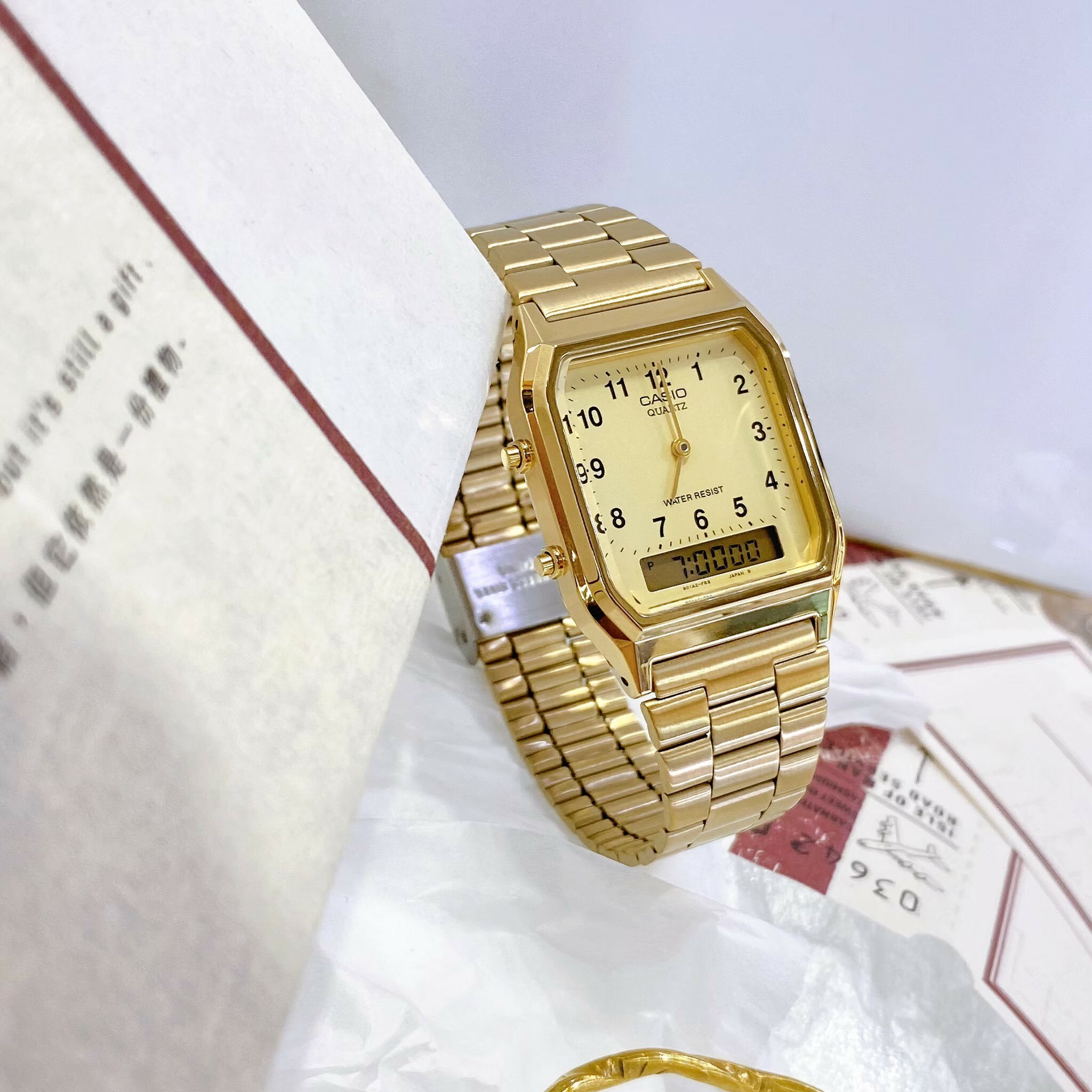 【CASIO 卡西歐】日風數字復古金色雙顯錶 AQ-230GA-9B 現代鐘錶