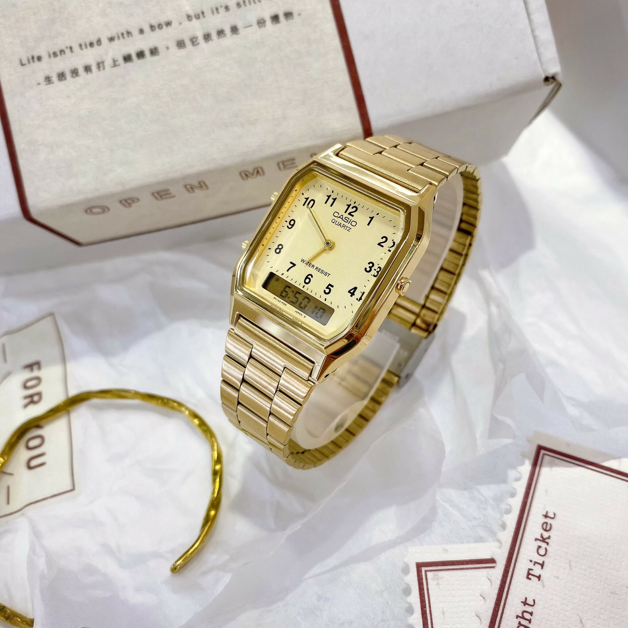 【CASIO 卡西歐】日風數字復古金色雙顯錶 AQ-230GA-9B 現代鐘錶