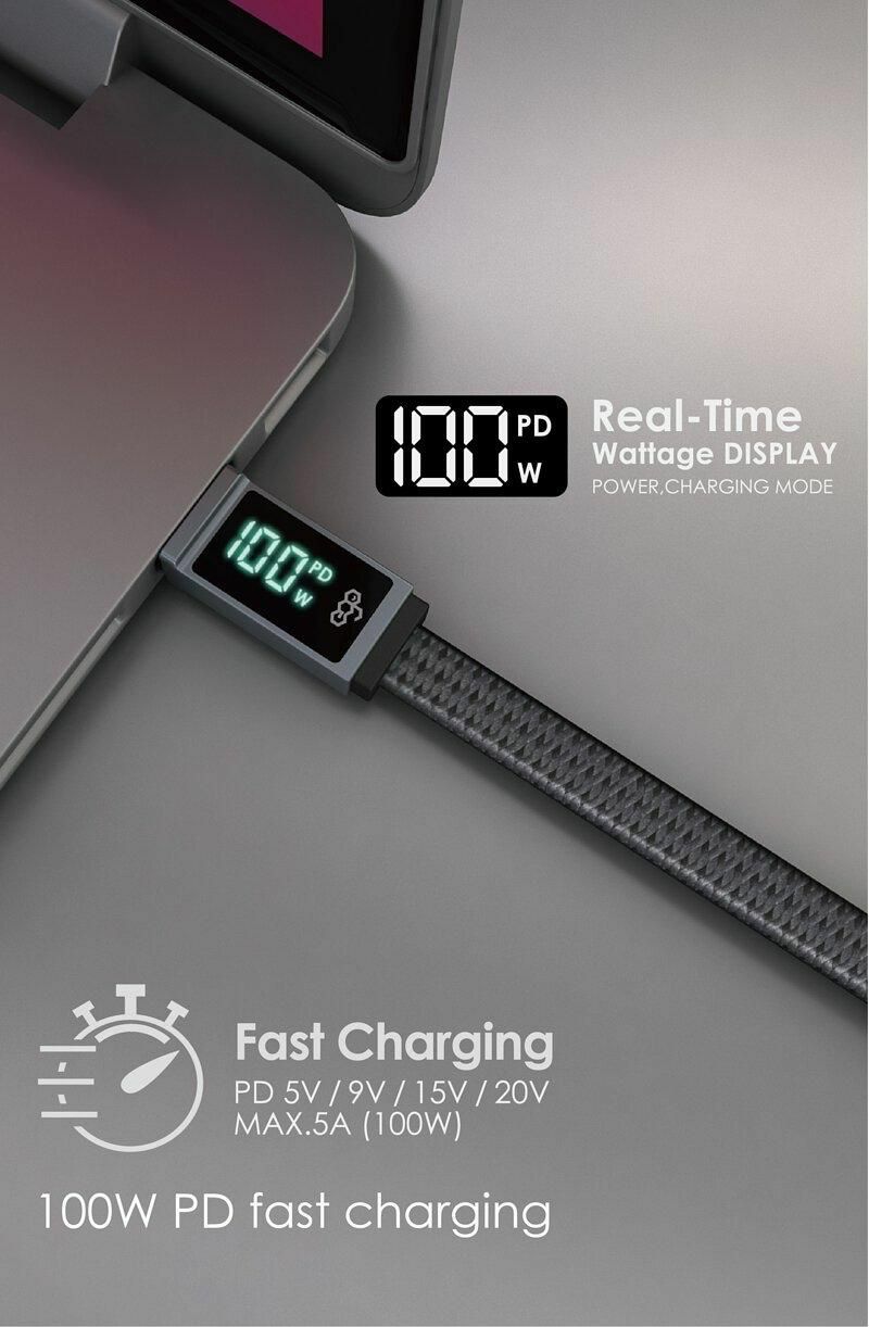 EGO Wiry Max 100W C to C即時速度顯示充電線