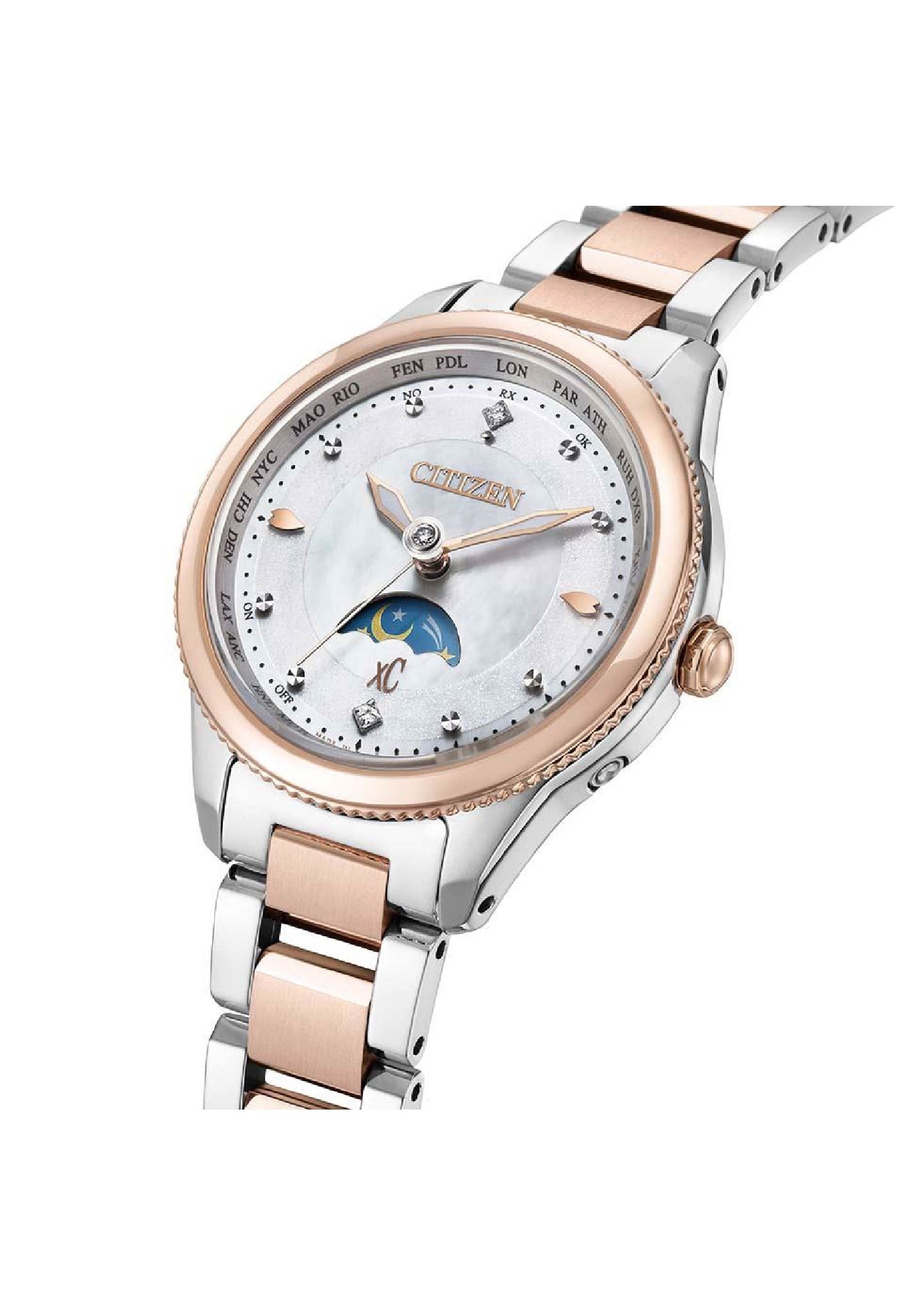 萬年鐘錶 - Citizen 星辰錶  XC   光動能電波錶 鑲鑽小錶徑鈦金屬月相女錶  EE1007-67W  錶徑29MM