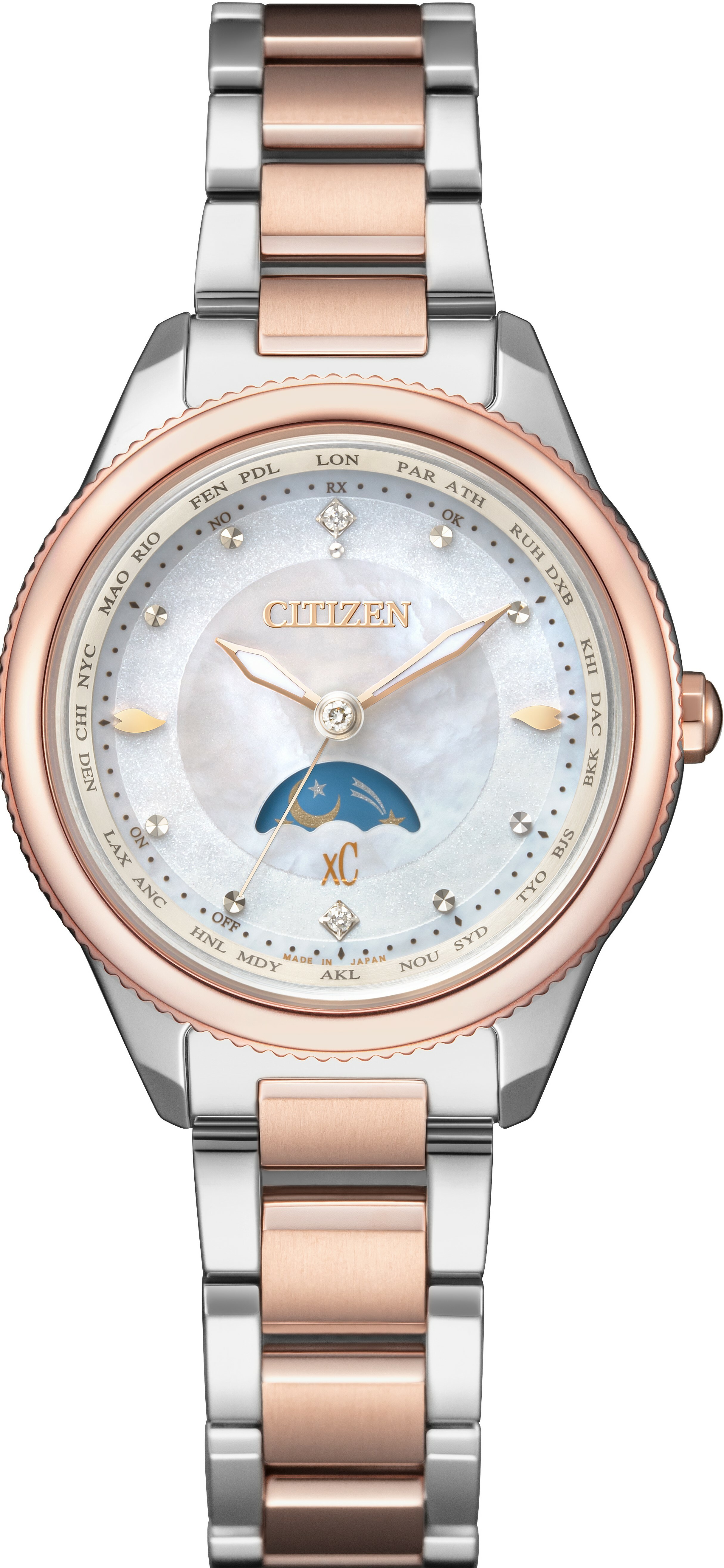 萬年鐘錶 - Citizen 星辰錶  XC   光動能電波錶 鑲鑽小錶徑鈦金屬月相女錶  EE1007-67W  錶徑29MM