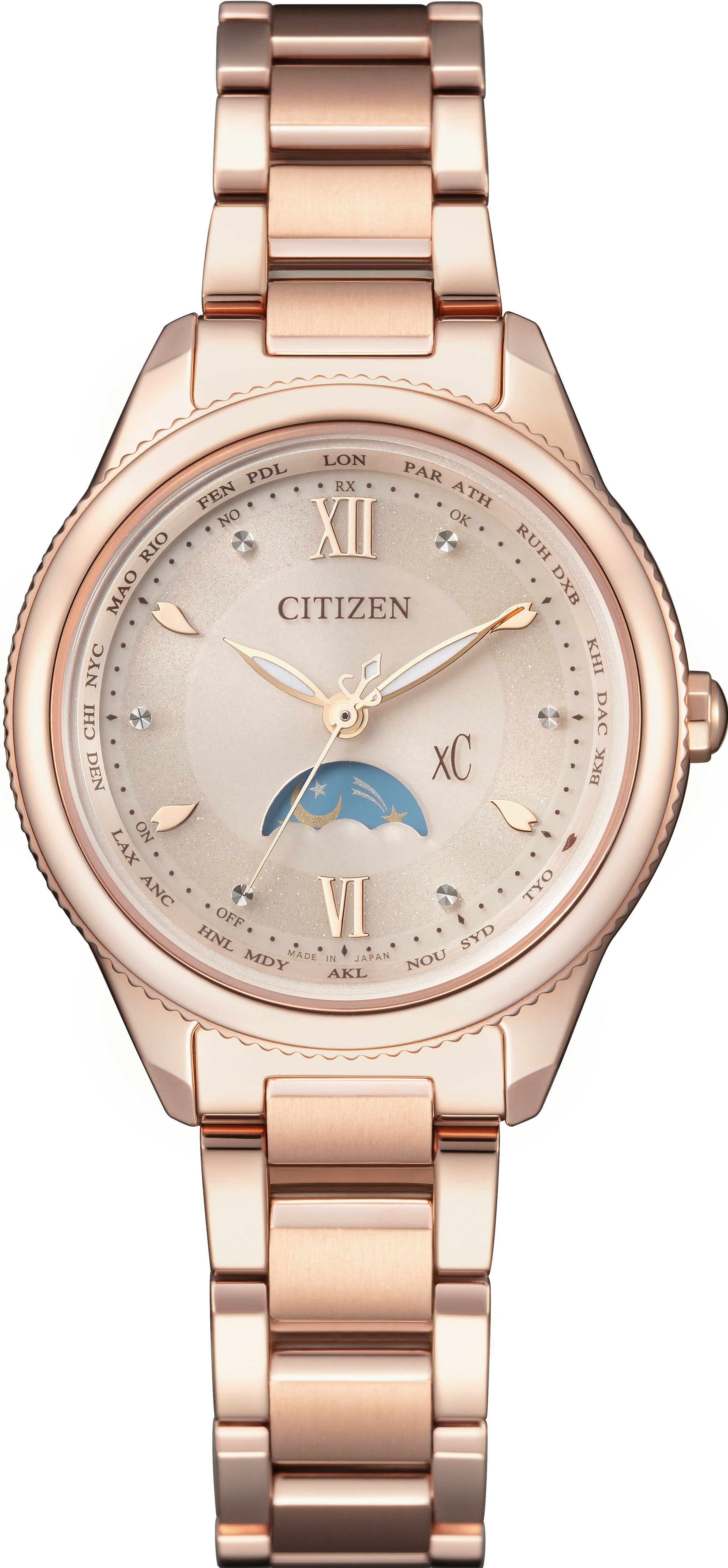 萬年鐘錶 - Citizen 星辰錶  XC   心蕊台灣限定Hebe田馥甄廣告款鈦日月顯示光動能電波女錶  EE1003-68W  錶徑29MM