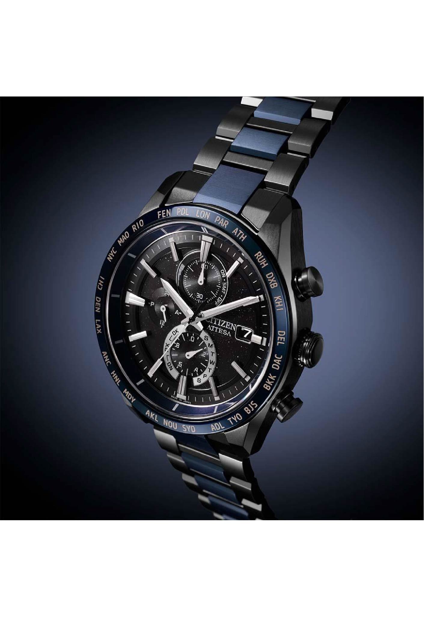 萬年鐘錶 - Citizen 星辰錶   ATTESA  35週年限量宇宙星空藍鈦金屬電波對時男錶  AT8187-75E 錶徑42MM