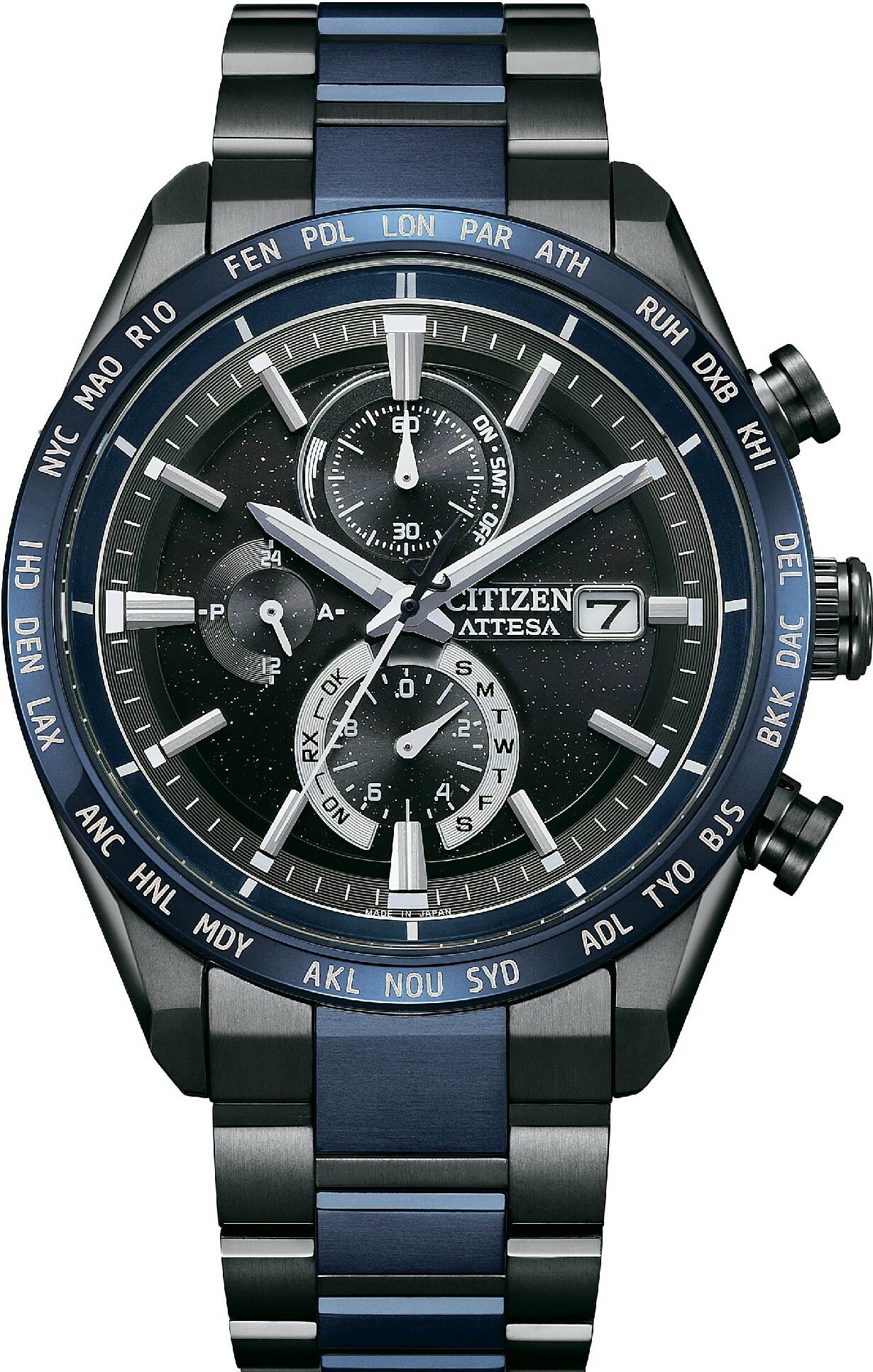萬年鐘錶 - Citizen 星辰錶   ATTESA  35週年限量宇宙星空藍鈦金屬電波對時男錶  AT8187-75E 錶徑42MM
