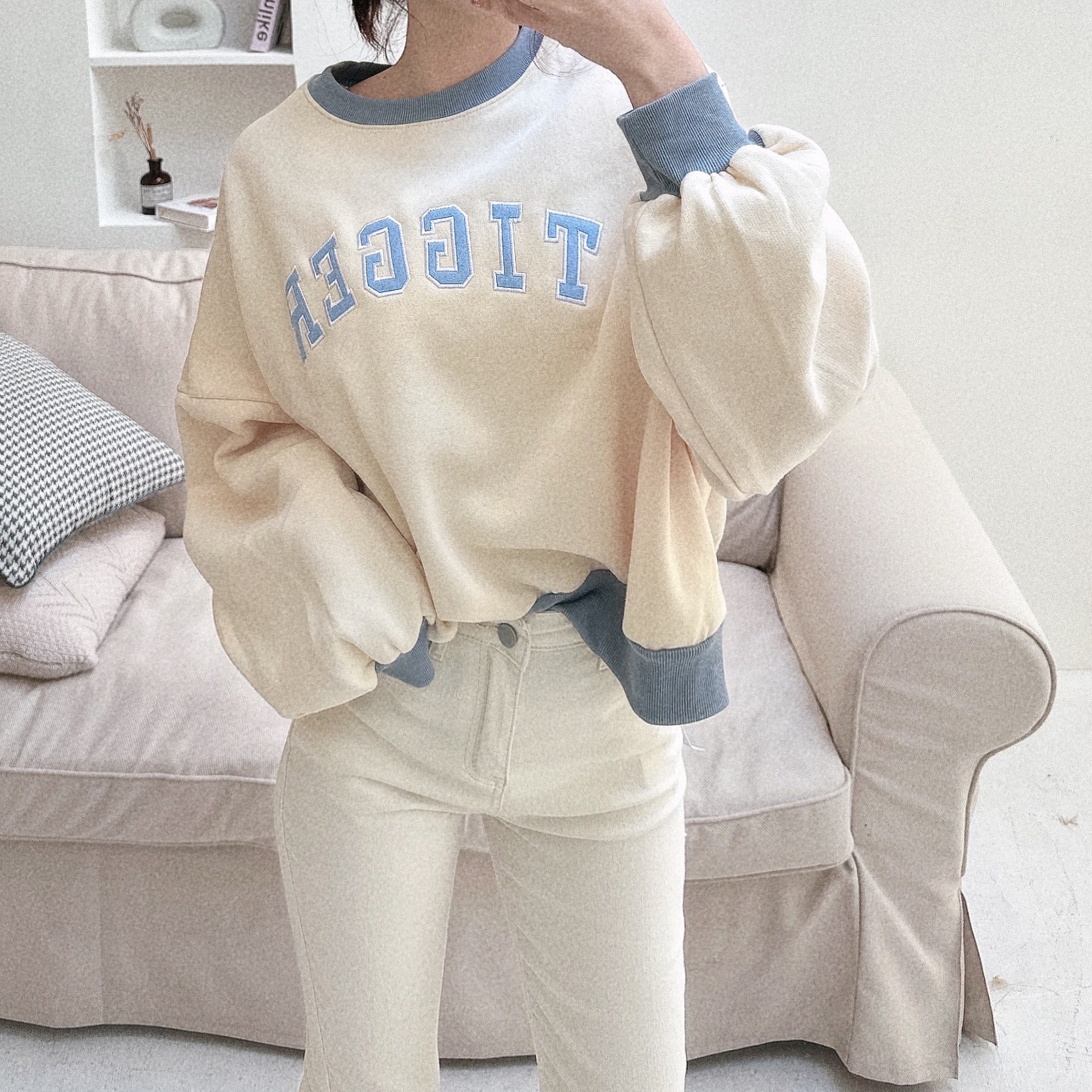 奶油撞色刷毛大學T/三色