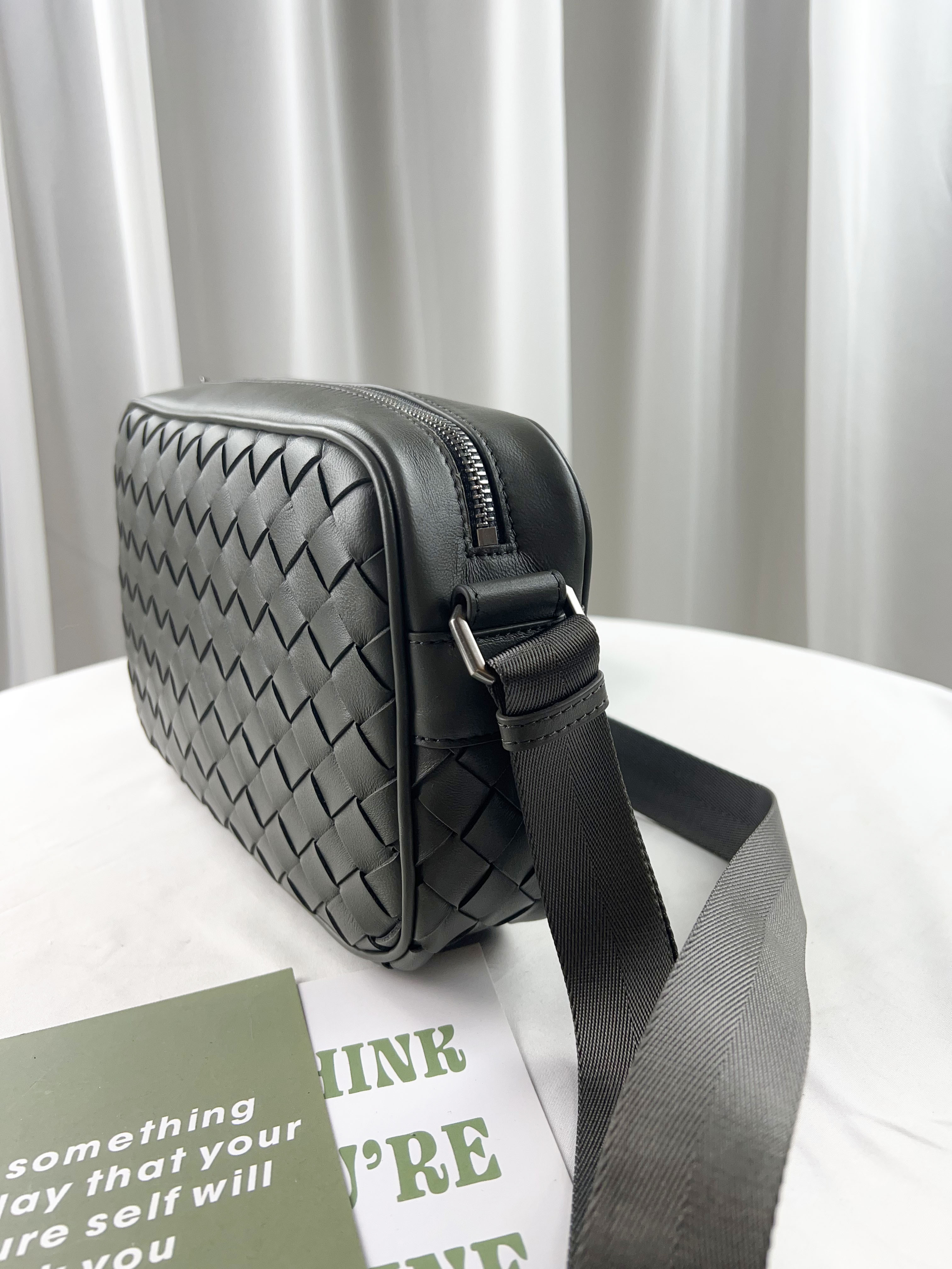 深灰 寬編織真皮牛皮側背包 #SM-3011