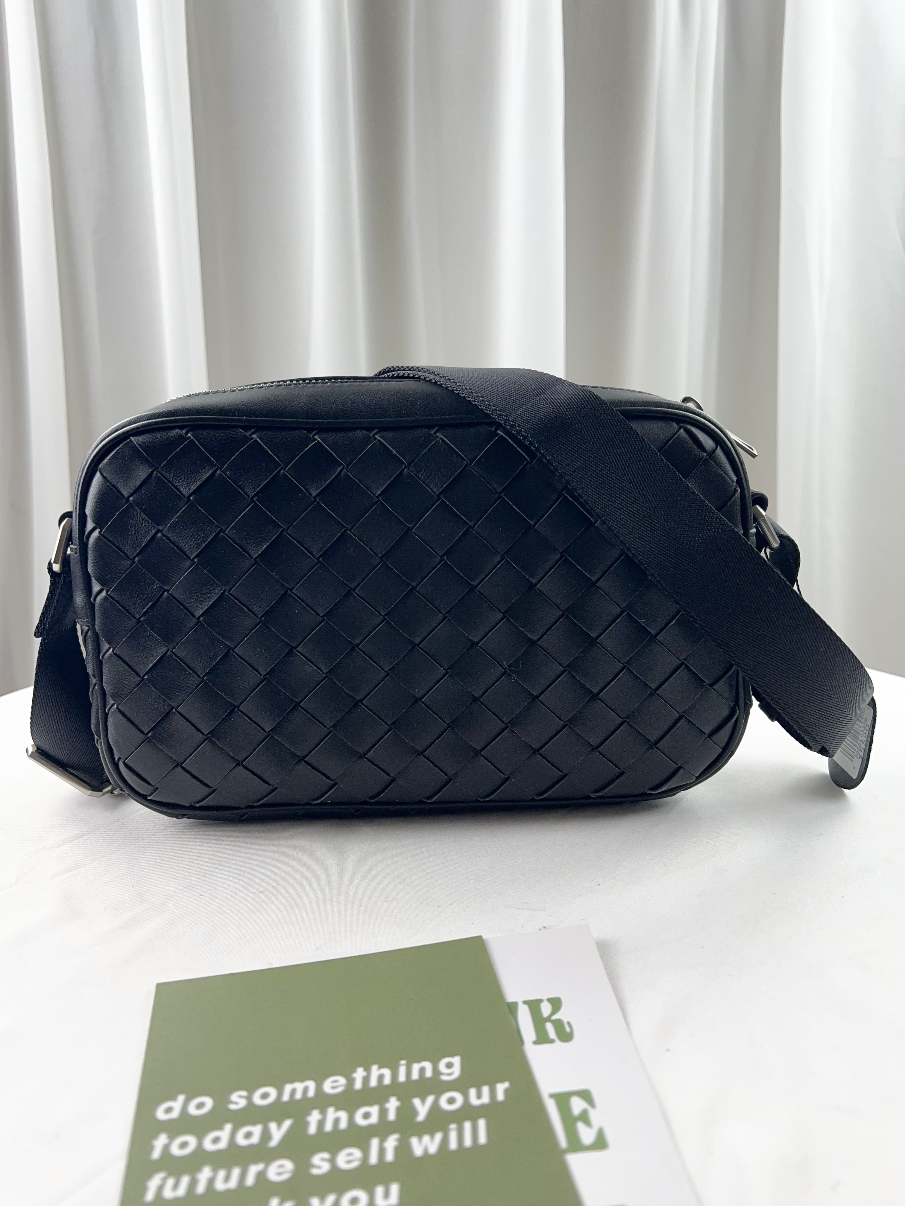 經典黑 寬編織真皮牛皮側背包 #SM-3011