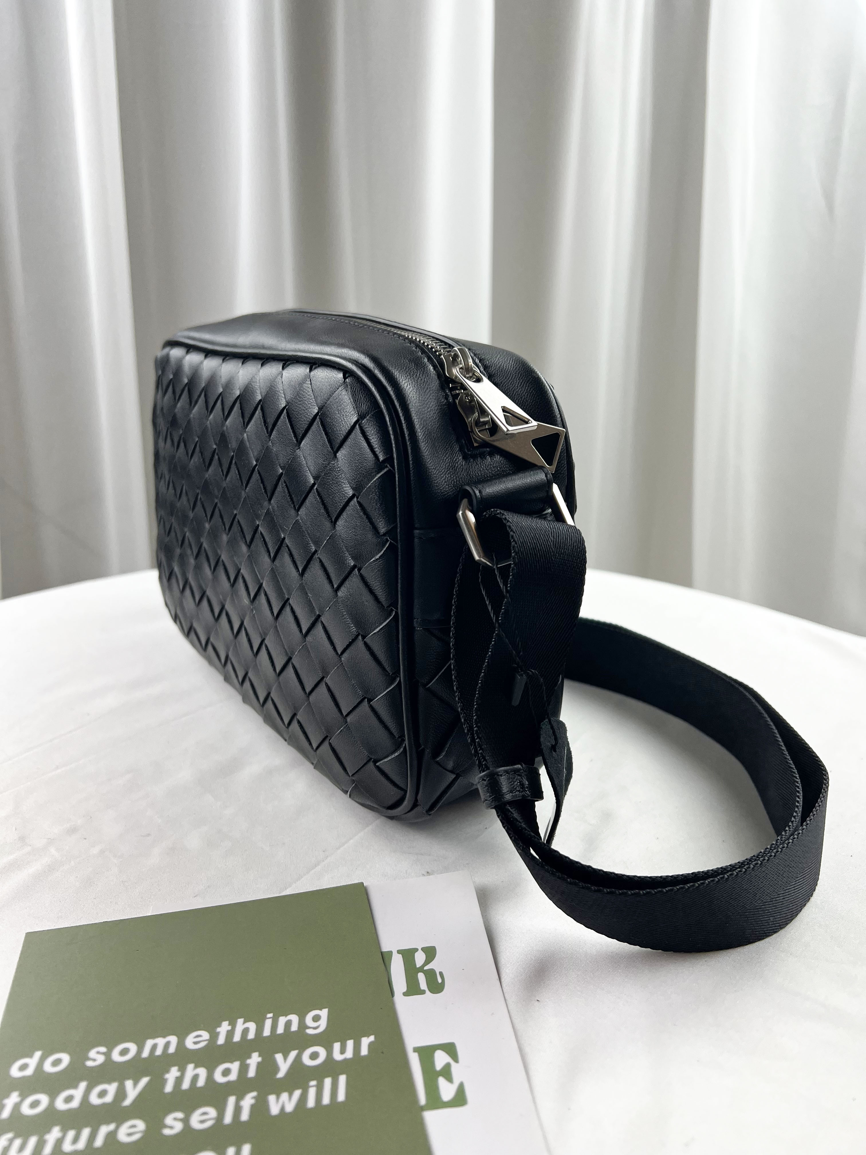 經典黑 寬編織真皮牛皮側背包 #SM-3011