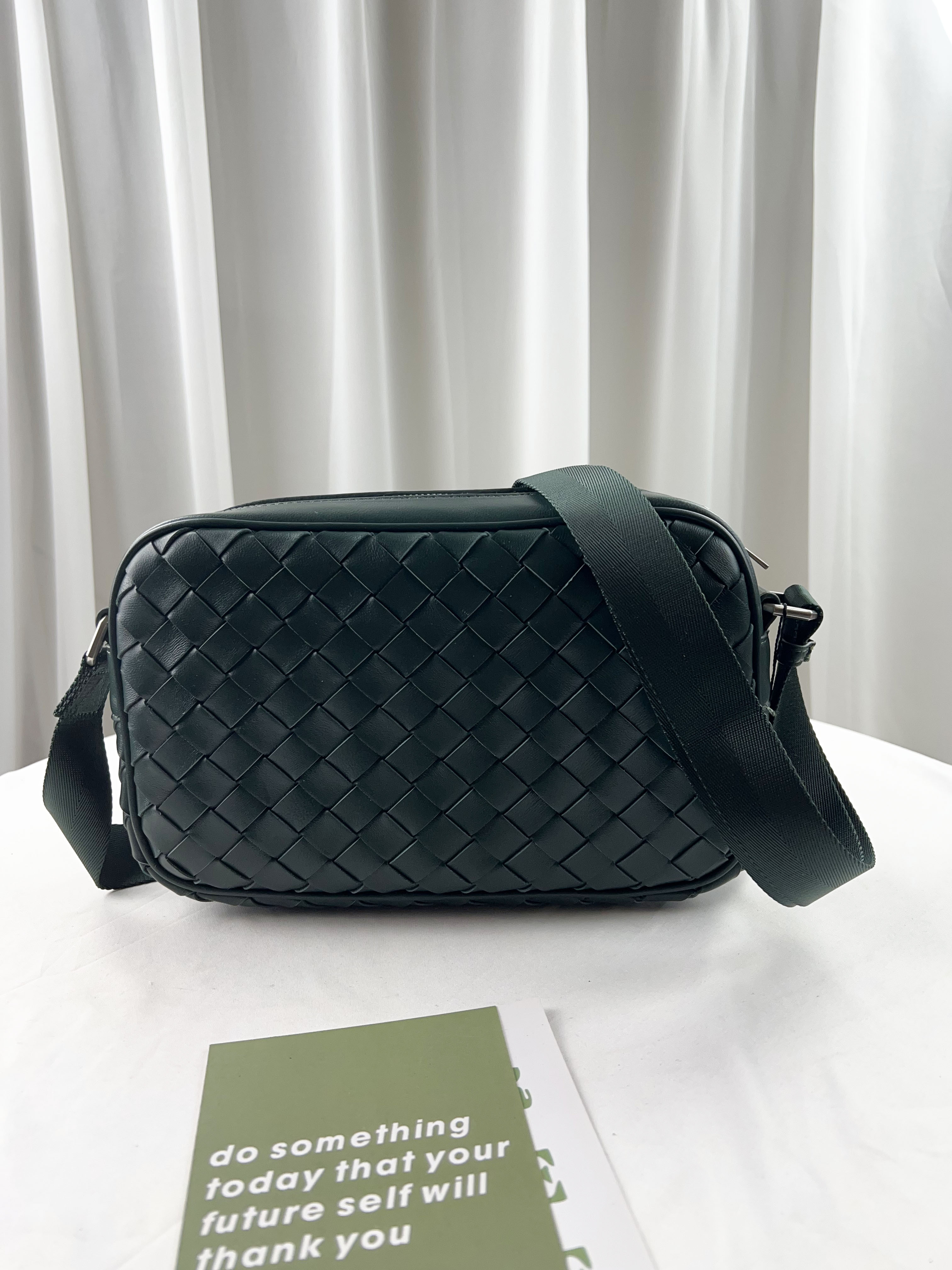 墨綠 寬編織真皮牛皮側背包 #SM-3011