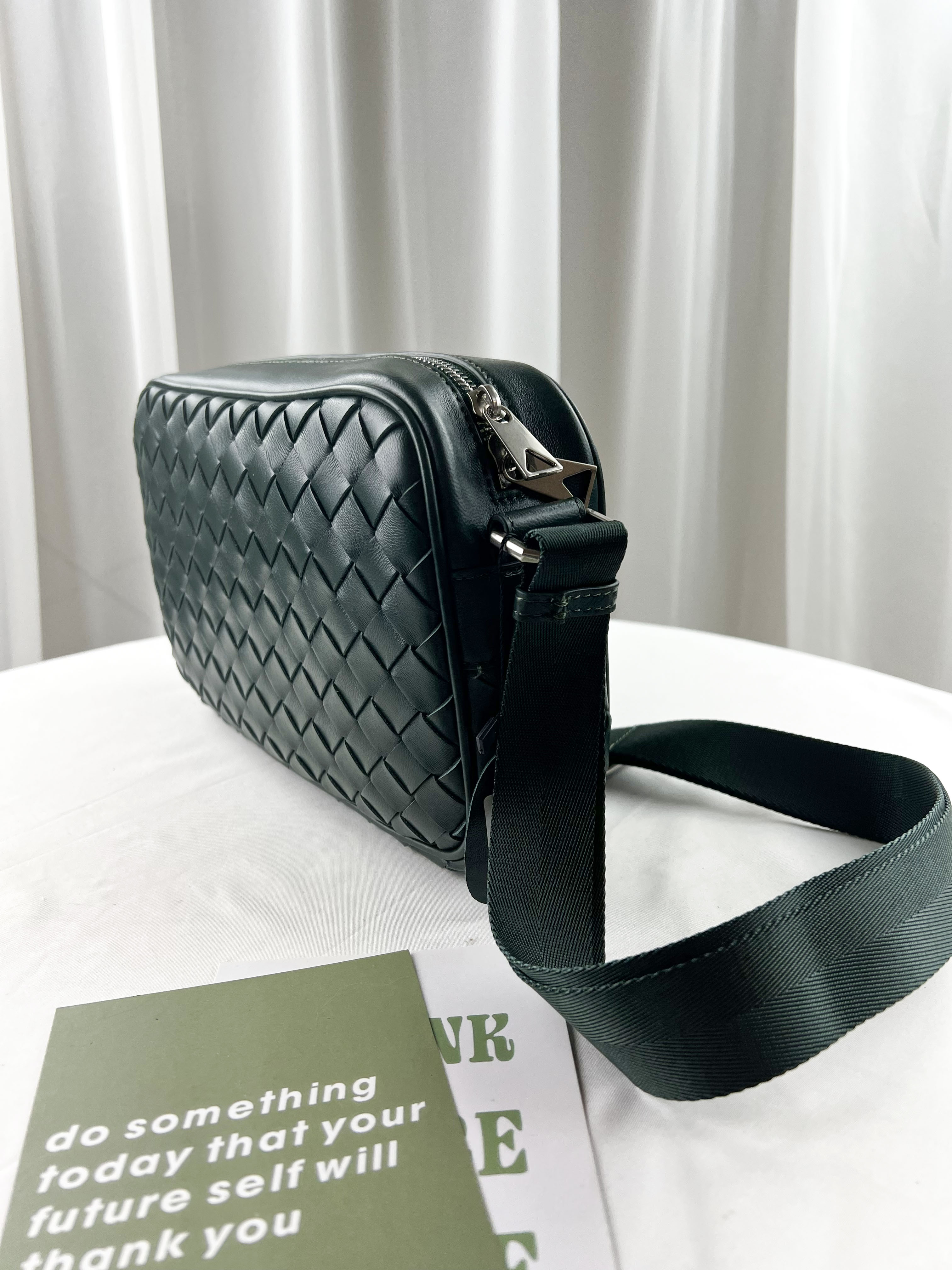 墨綠 寬編織真皮牛皮側背包 #SM-3011