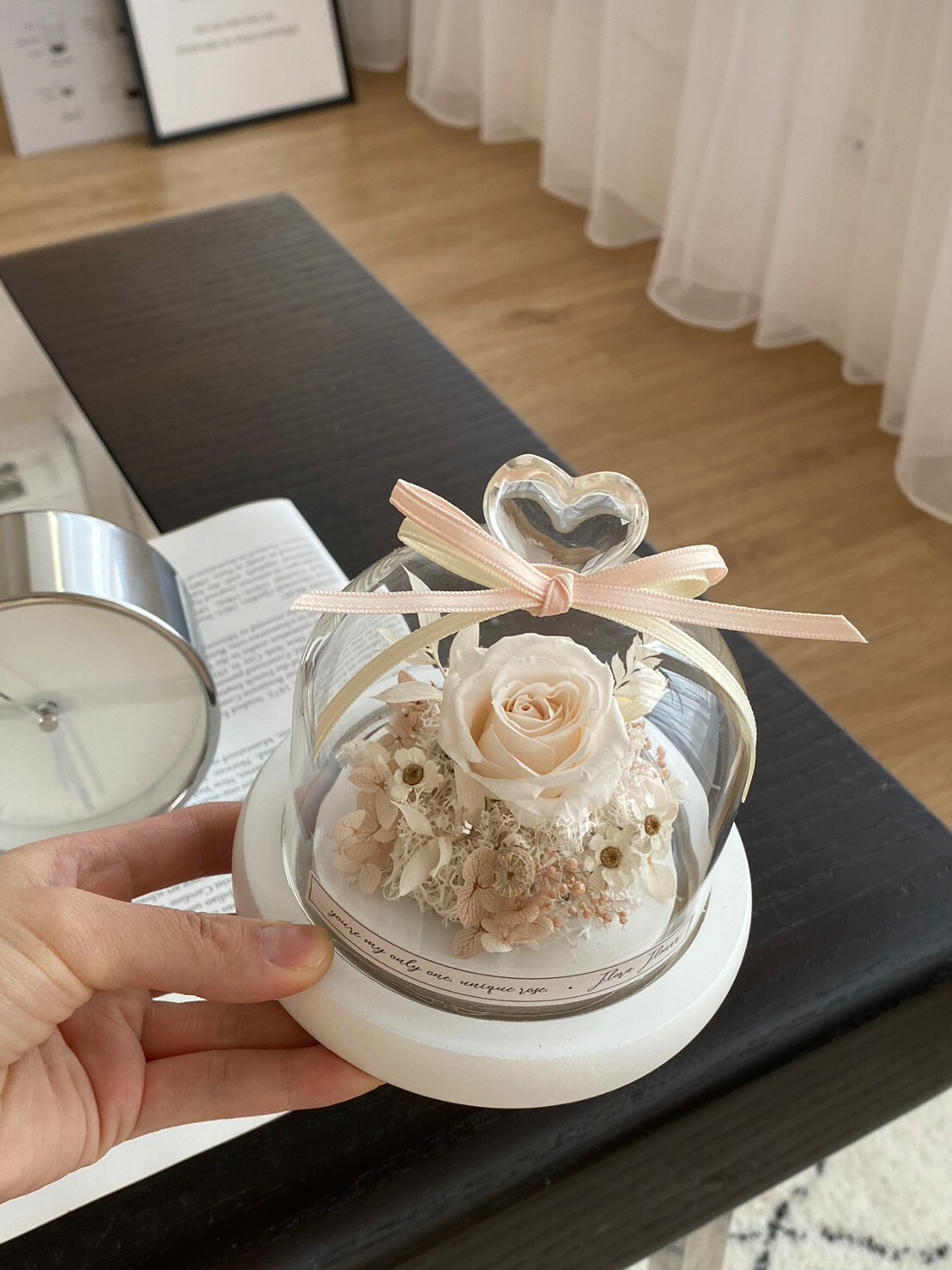 永生花愛心玻璃罩夜燈-奶白色