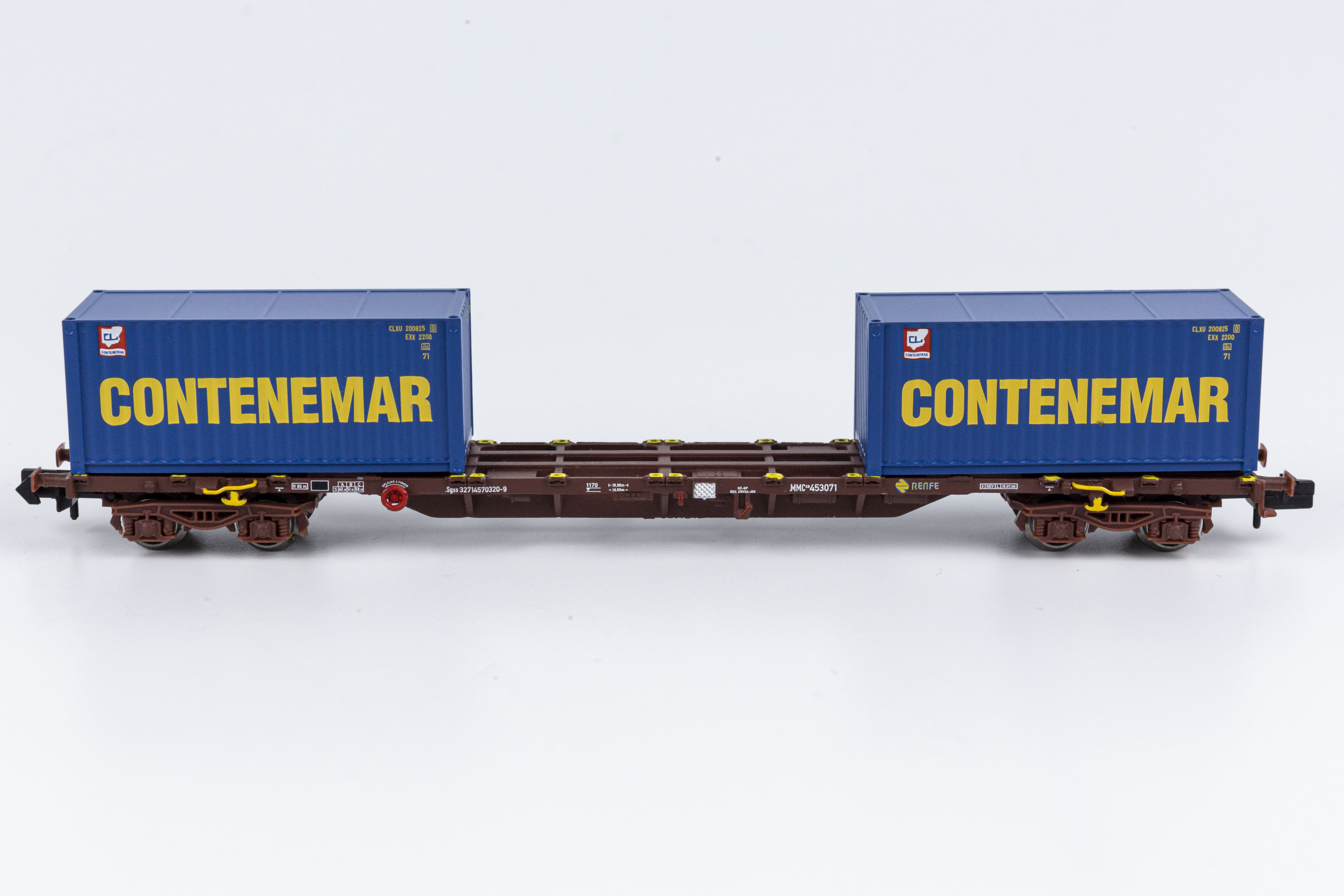 Arnold HN6461 N scale RENFE MMC Era IV 60' container wagon loaded with 2 x 20' container